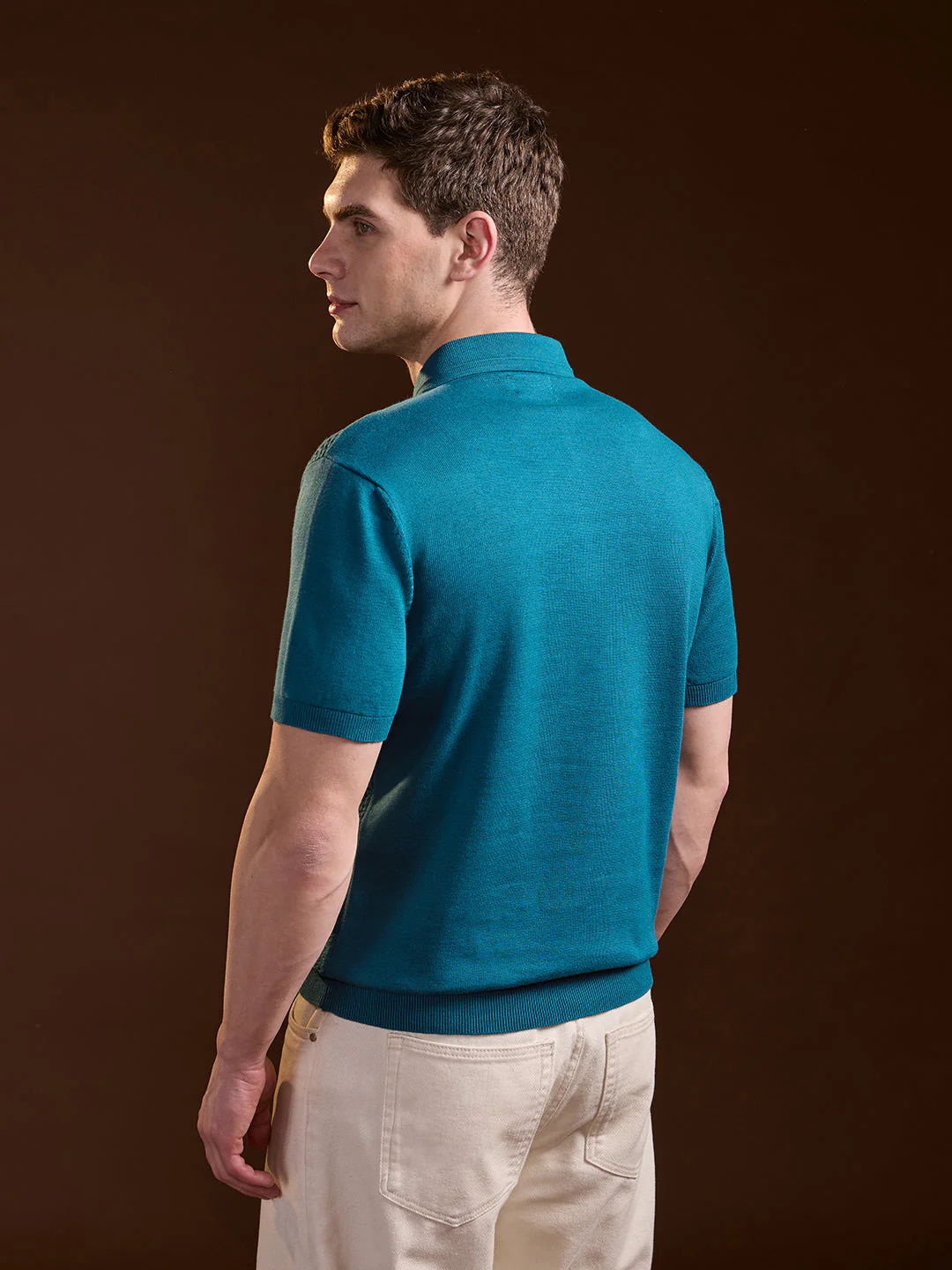 Men Teal Textured Knit Design Regular Fit Polo - Image 2
