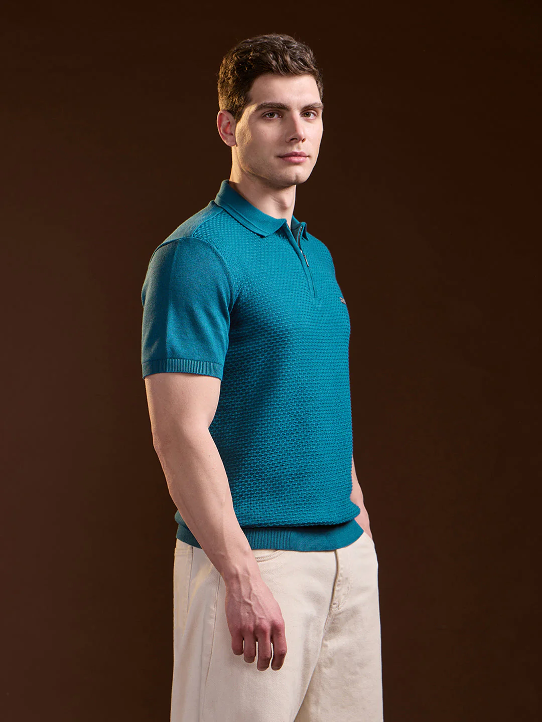 Men Teal Textured Knit Design Regular Fit Polo - Image 3