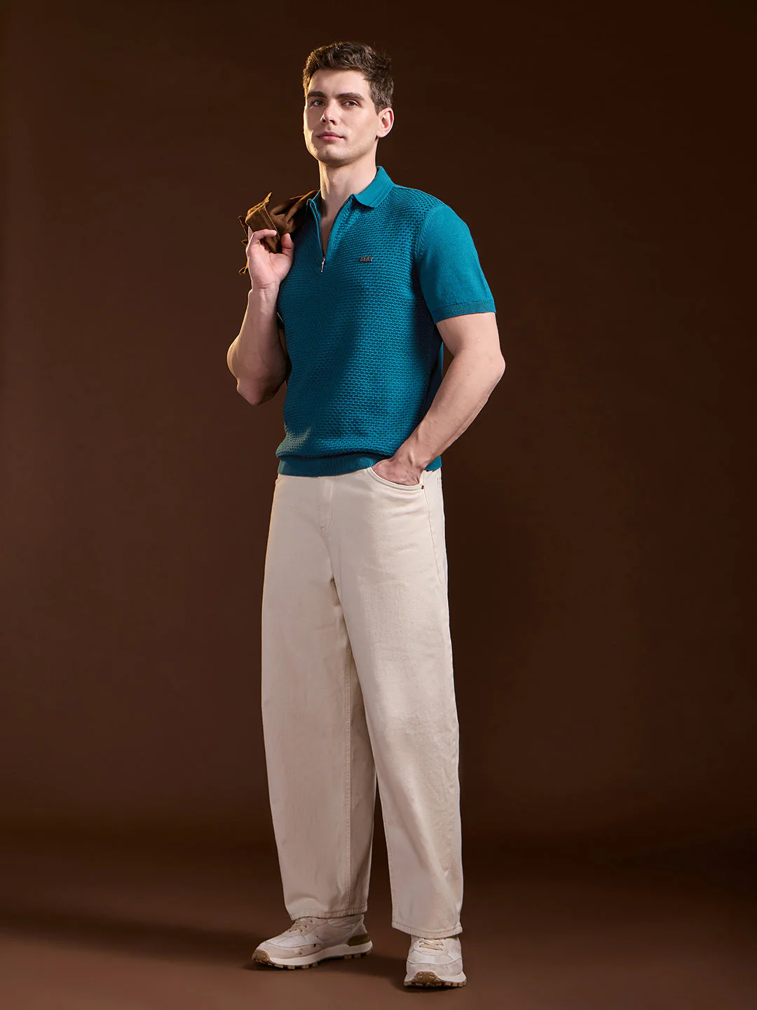 Men Teal Textured Knit Design Regular Fit Polo - Image 4