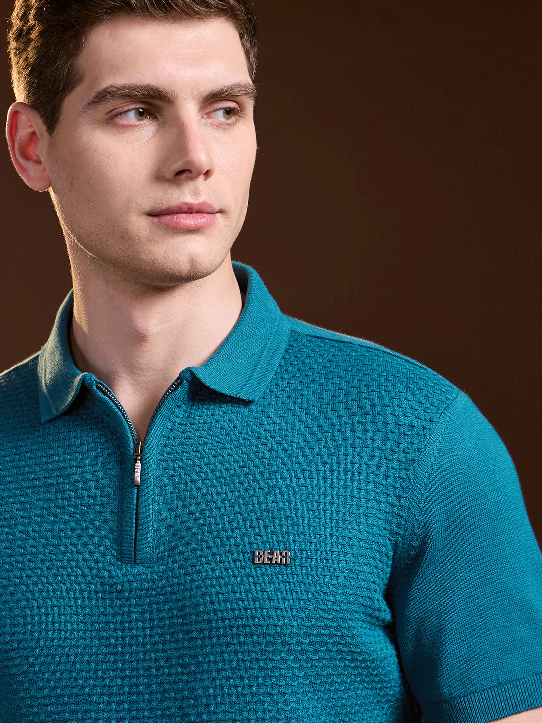 Men Teal Textured Knit Design Regular Fit Polo - Image 5
