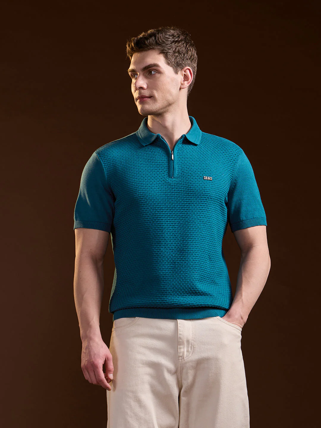 Men Teal Textured Knit Design Regular Fit Polo - Image 6