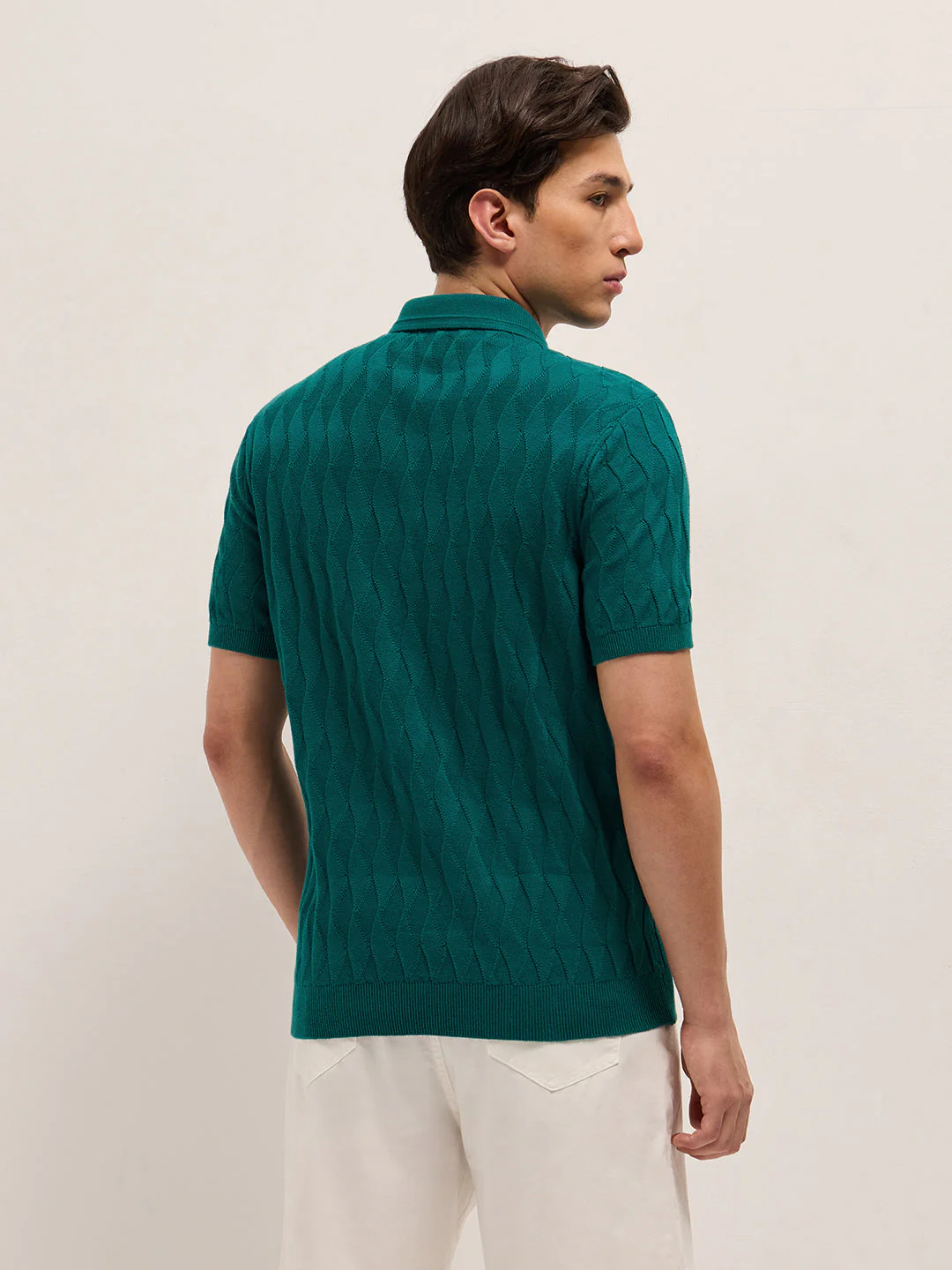 Men Teal Textured Knit Design Regular Fit Polo - Image 2