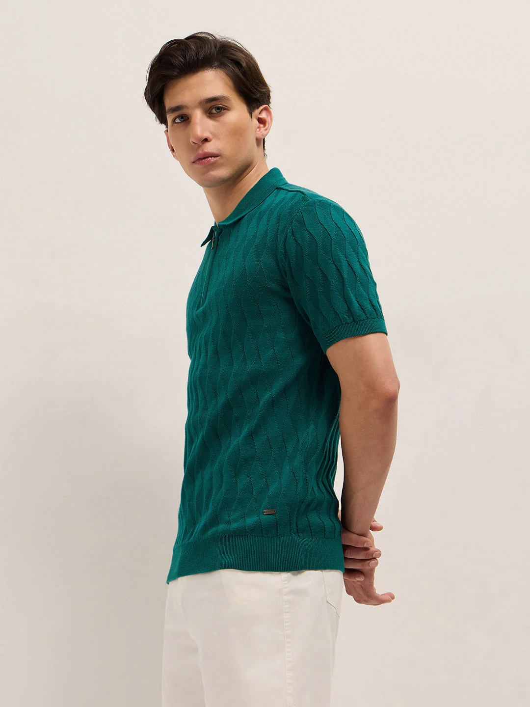Men Teal Textured Knit Design Regular Fit Polo - Image 3