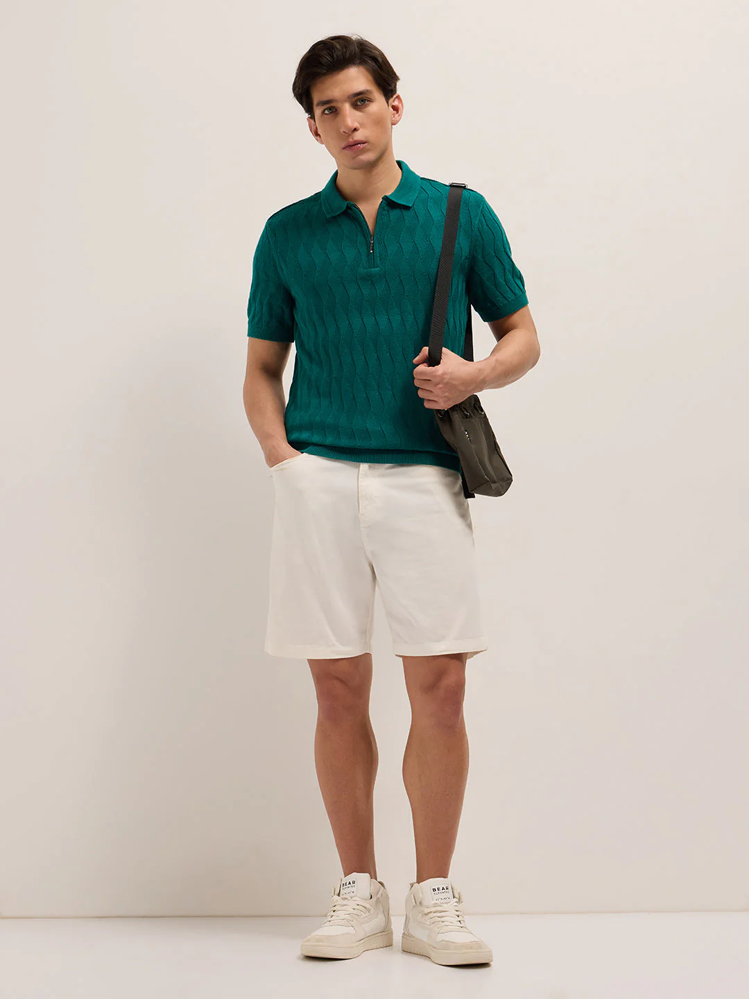 Men Teal Textured Knit Design Regular Fit Polo - Image 4