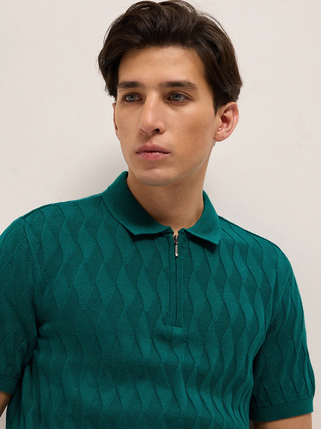 Men Teal Textured Knit Design Regular Fit Polo - Image 5
