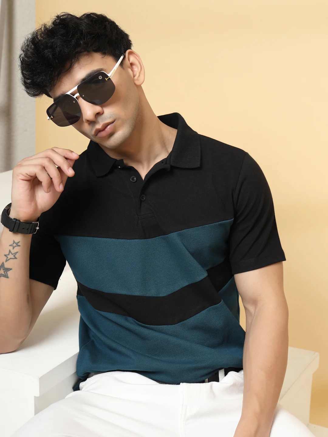 Men Teal Textured Polo T-Shirt