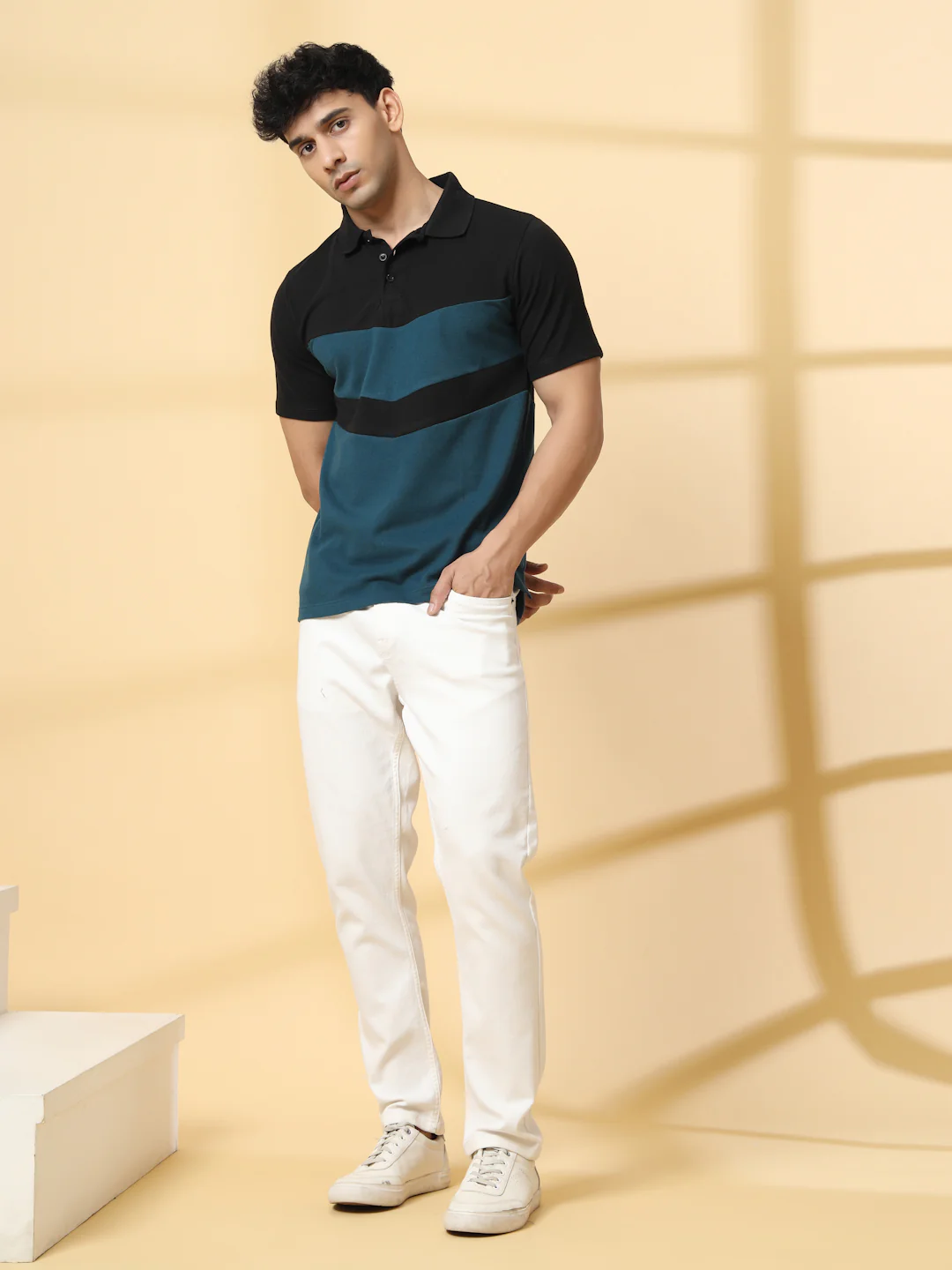 Men Teal Textured Polo T-Shirt - Image 2