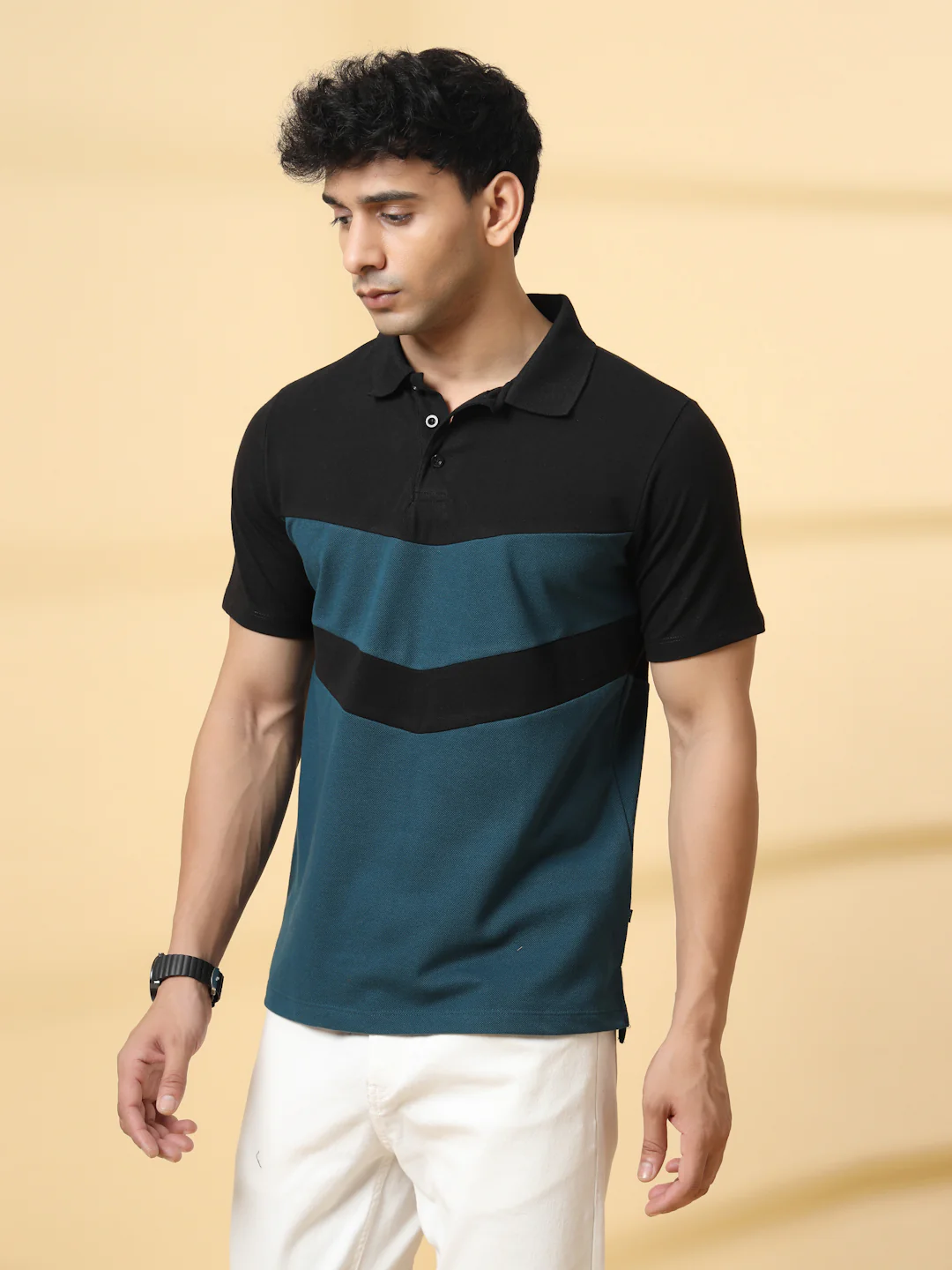 Men Teal Textured Polo T-Shirt - Image 3