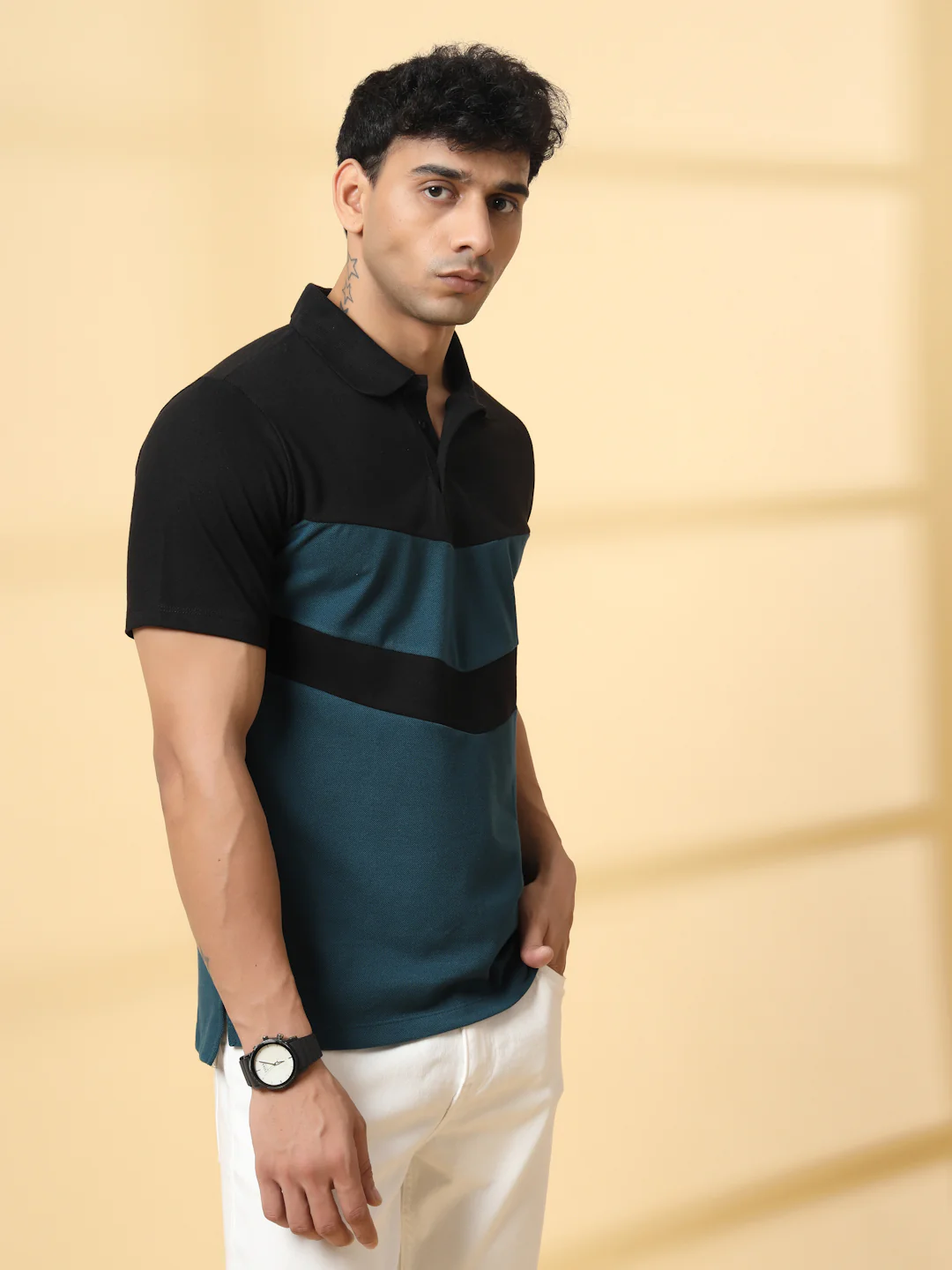 Men Teal Textured Polo T-Shirt - Image 4