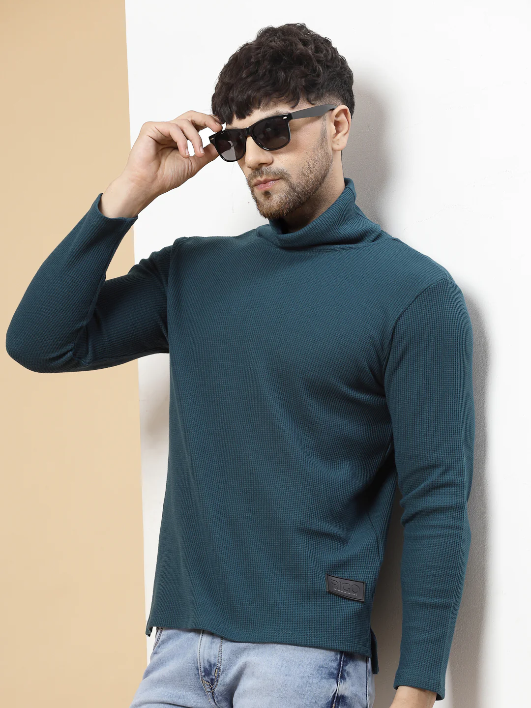 Men Teal Waffle Knit T-shirt - Image 2