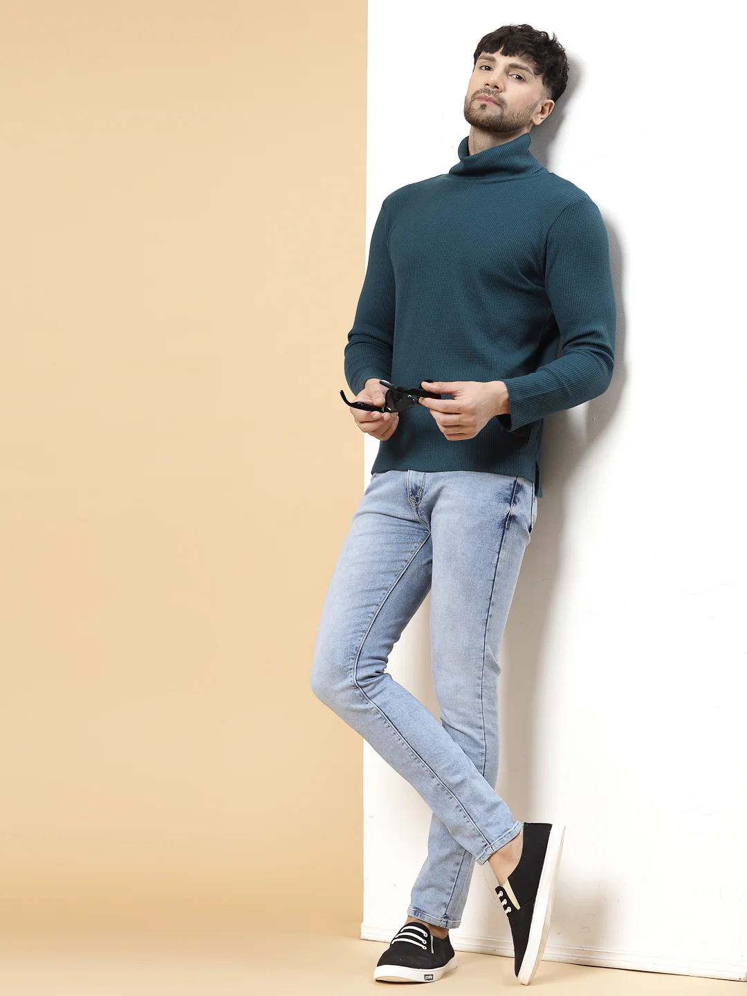 Men Teal Waffle Knit T-shirt - Image 3