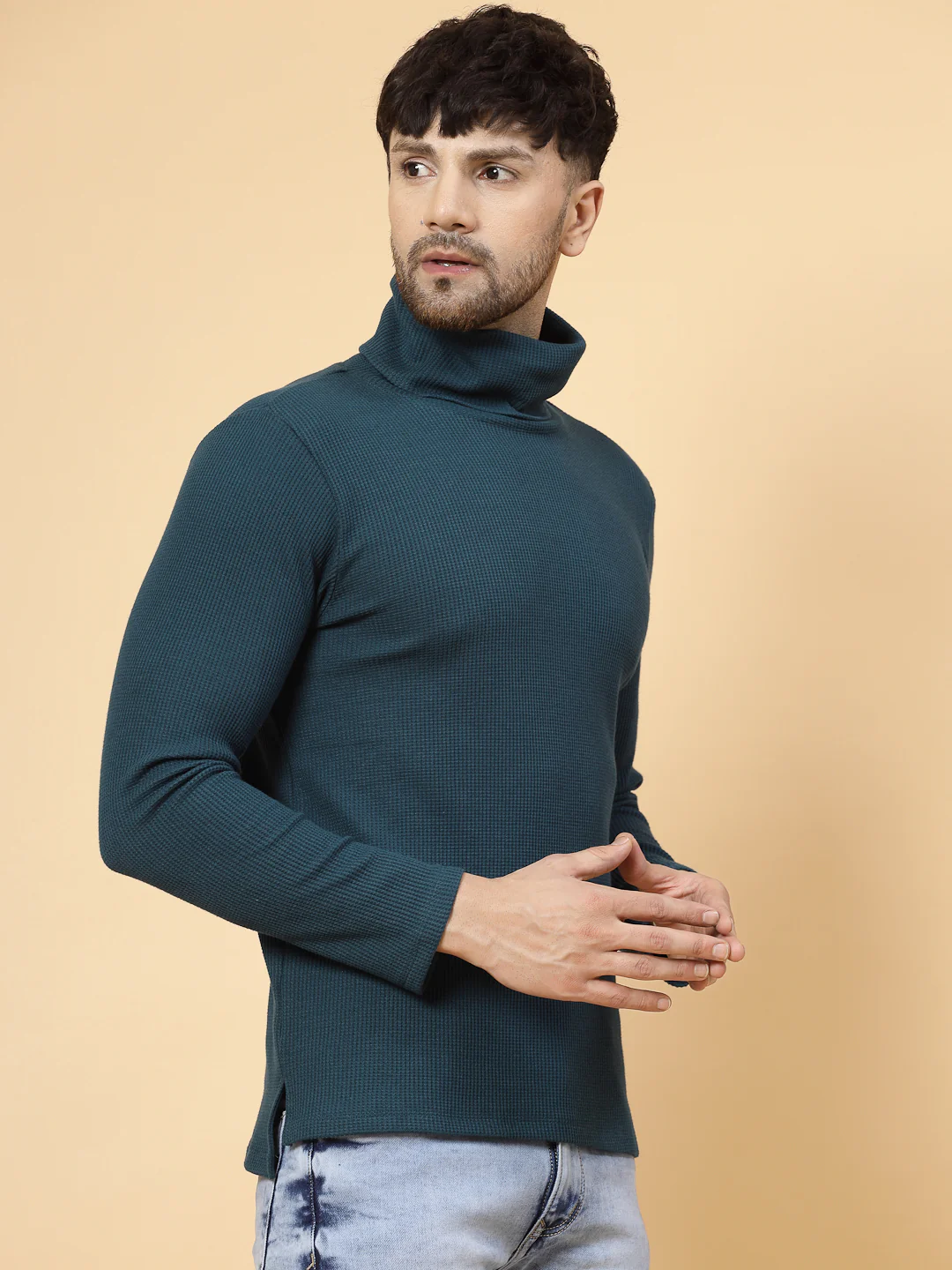 Men Teal Waffle Knit T-shirt - Image 4