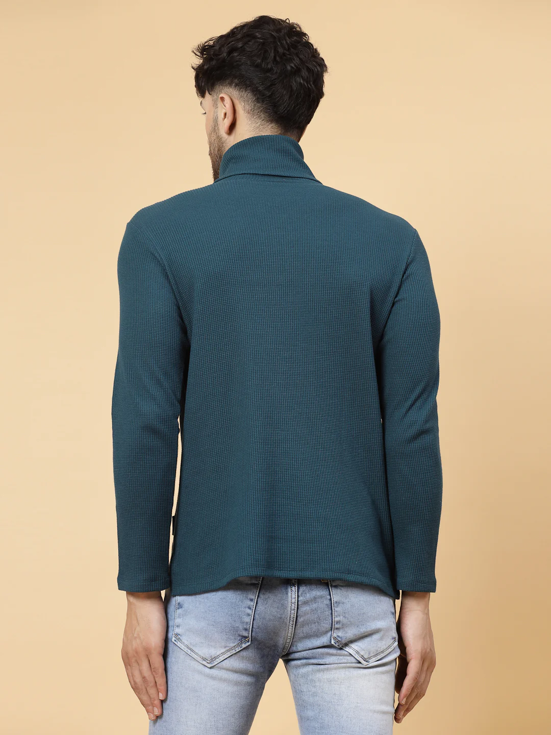 Men Teal Waffle Knit T-shirt - Image 5