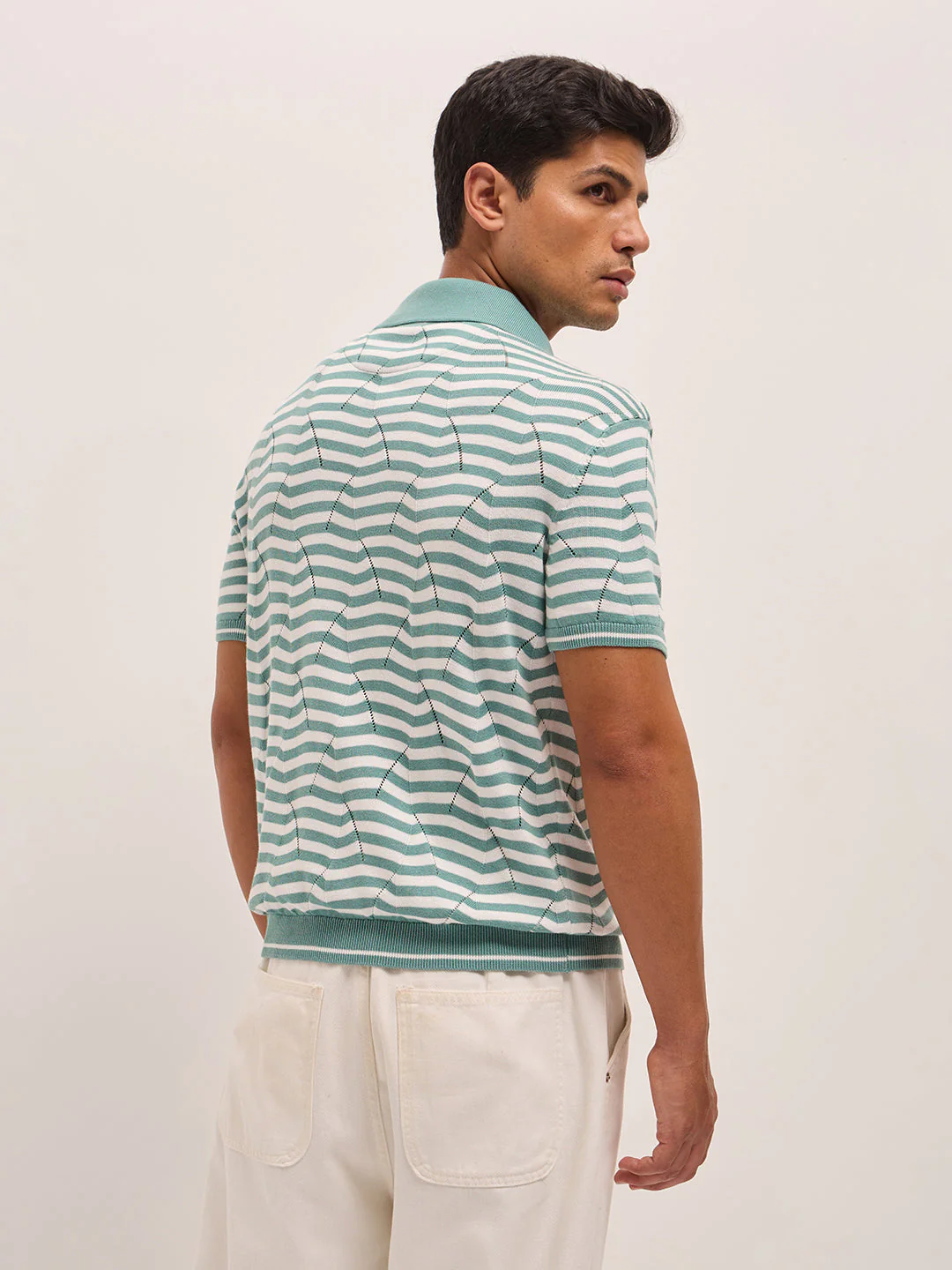 Men TealWhite Geometric Stripe Relax Fit Polo Neck T-shirt - Image 2