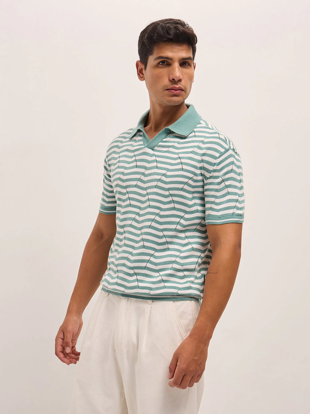 Men TealWhite Geometric Stripe Relax Fit Polo Neck T-shirt - Image 3