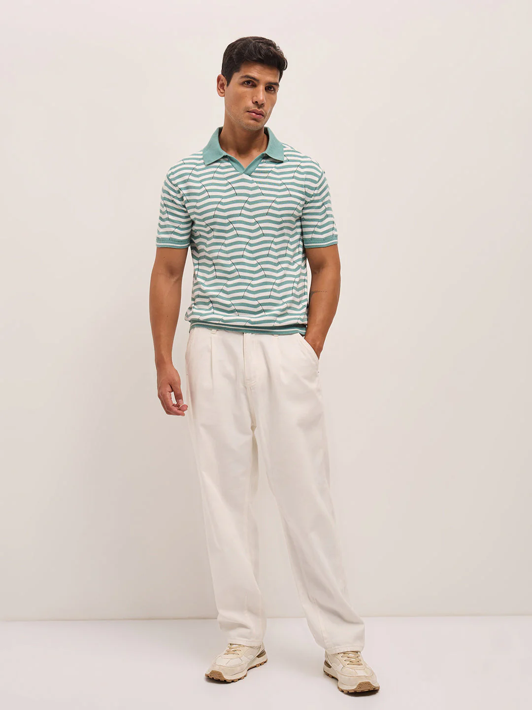 Men TealWhite Geometric Stripe Relax Fit Polo Neck T-shirt - Image 4