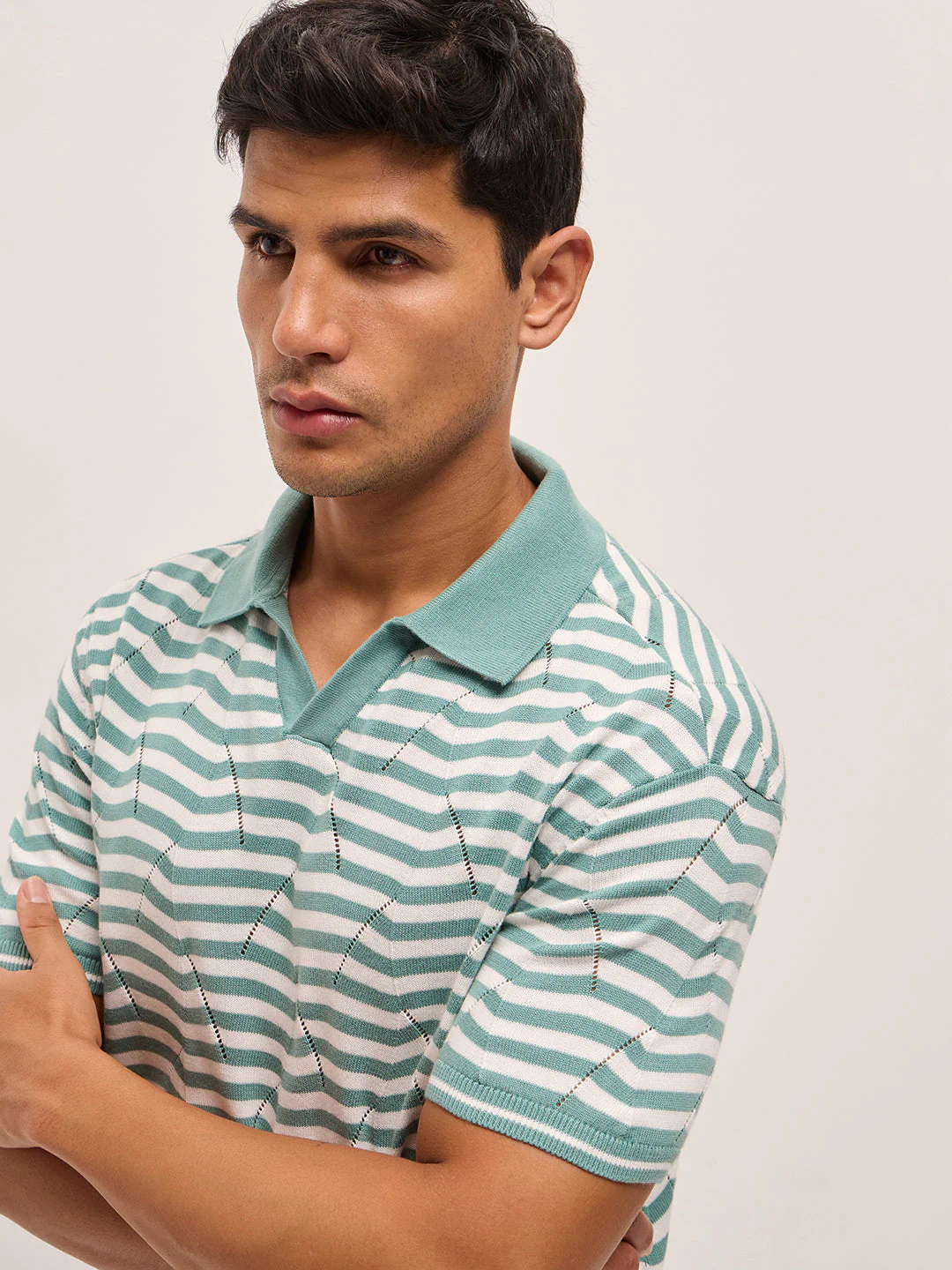 Men TealWhite Geometric Stripe Relax Fit Polo Neck T-shirt - Image 5
