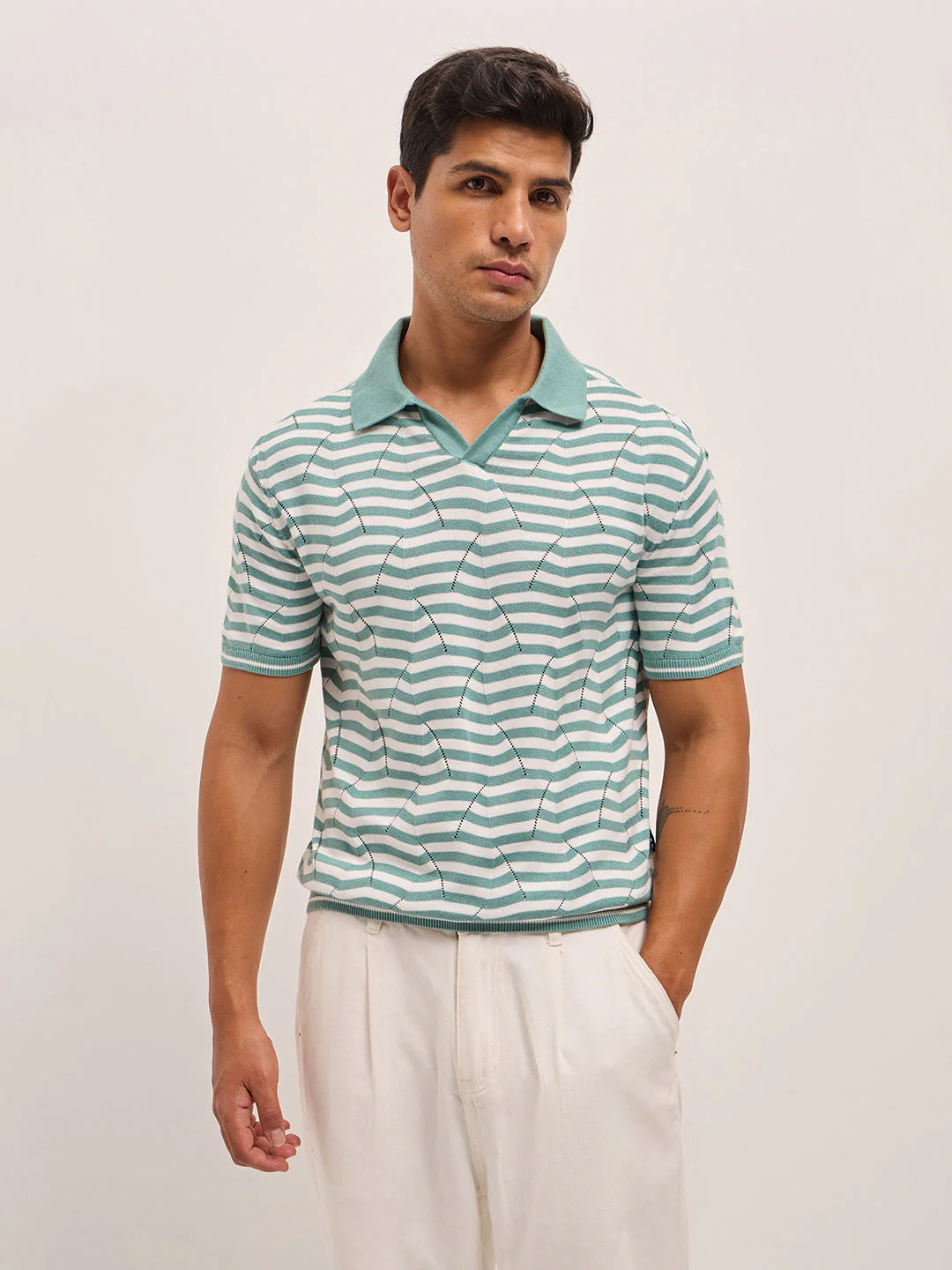 Men TealWhite Geometric Stripe Relax Fit Polo Neck T-shirt - Image 6