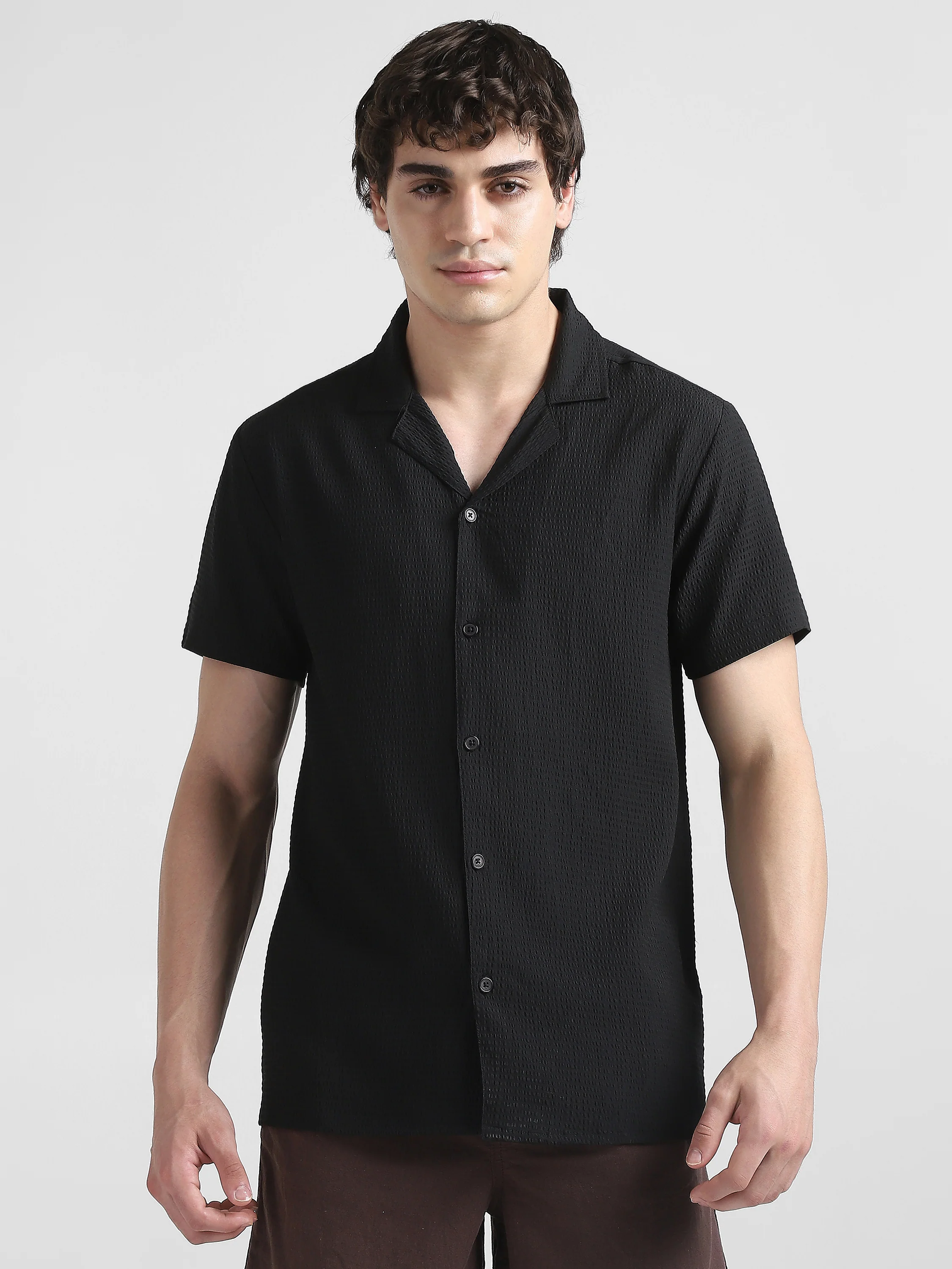 Men Textured Casual Black Shirt - Image 2