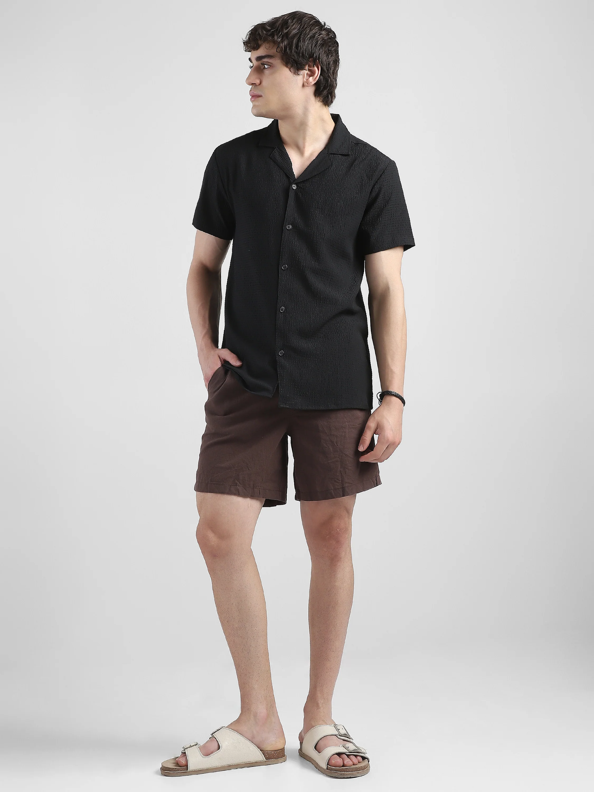 Men Textured Casual Black Shirt - Image 3