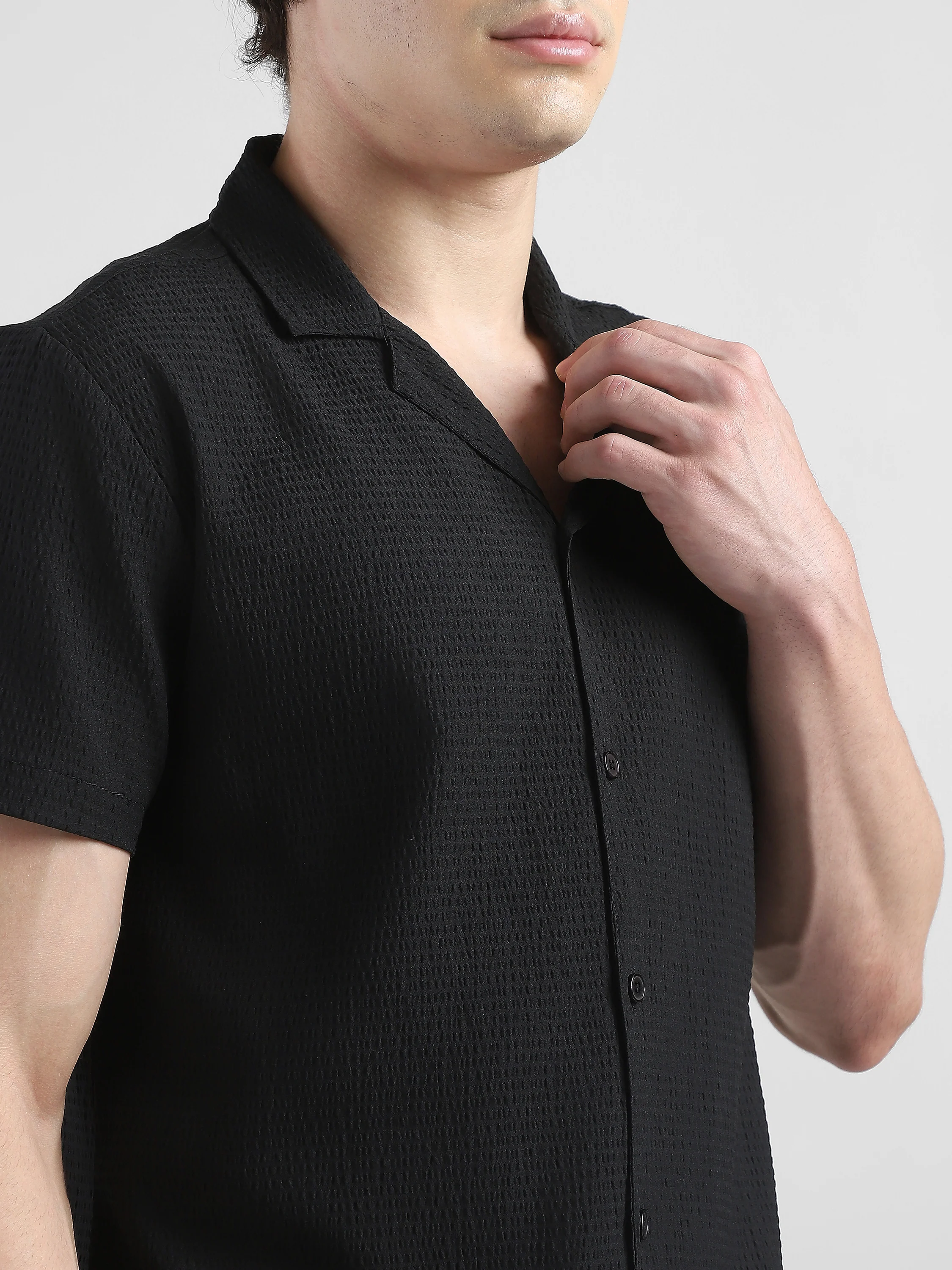 Men Textured Casual Black Shirt - Image 6