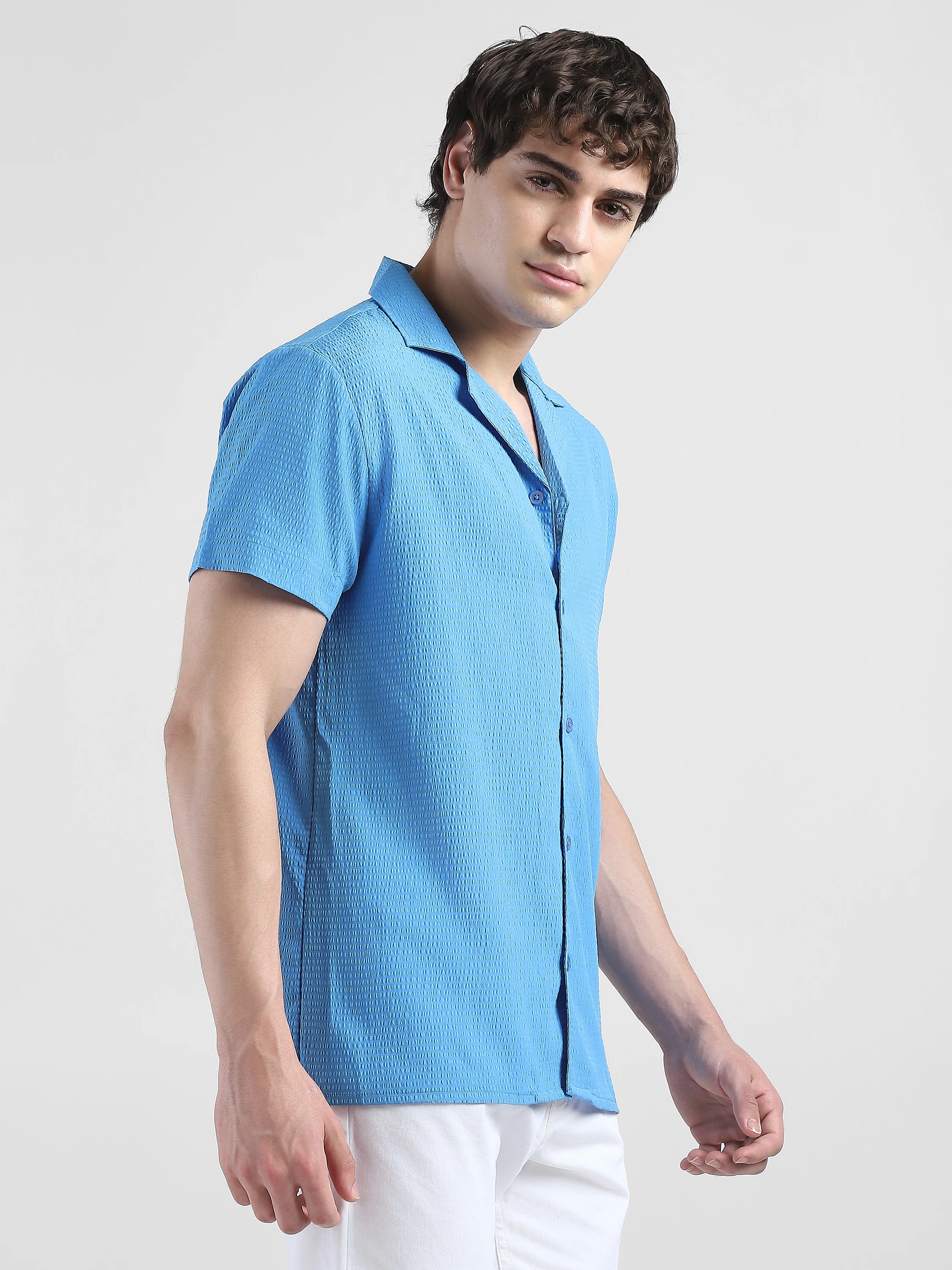 Men Textured Casual Blue Shirt - Image 3