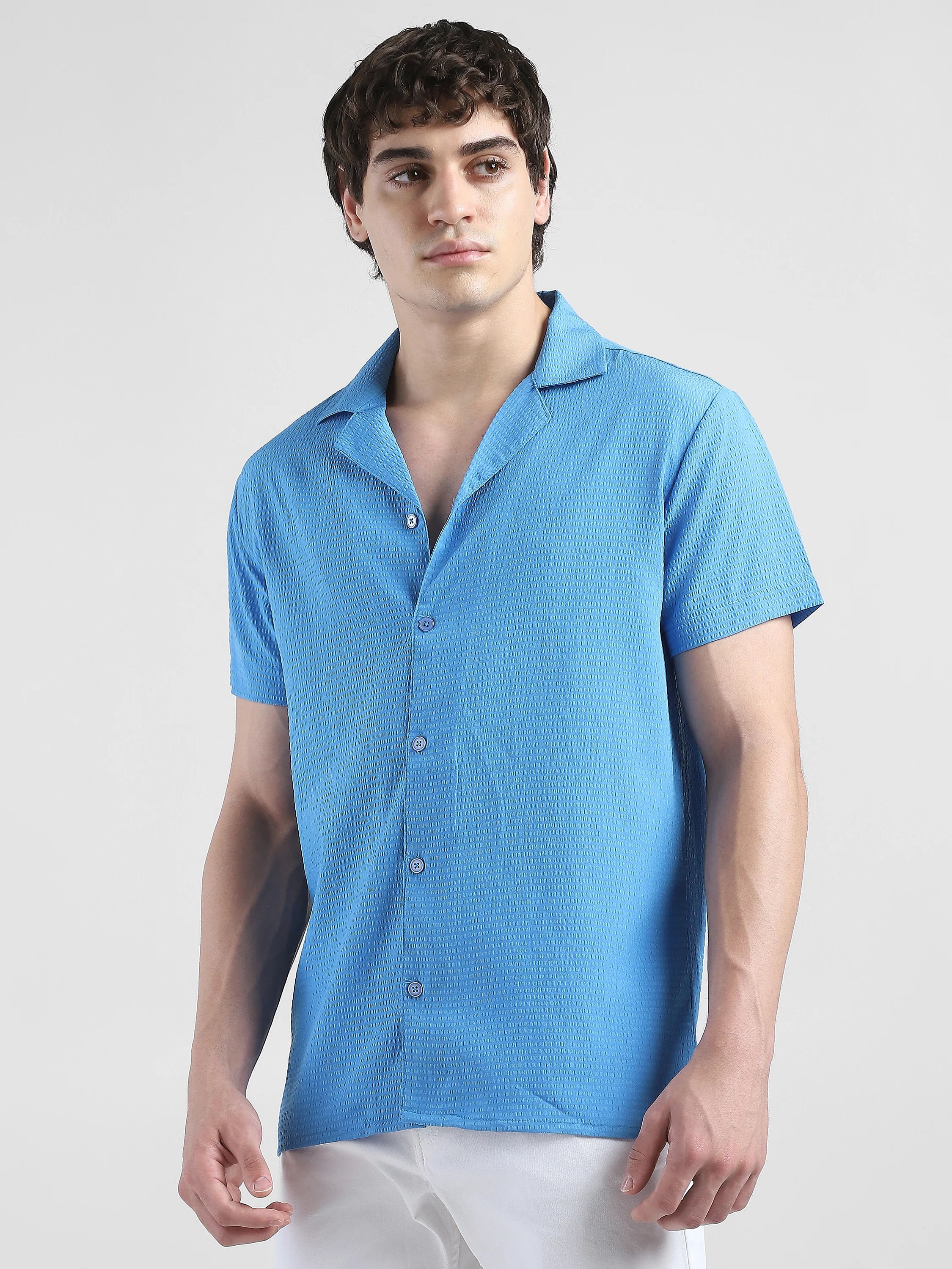 Men Textured Casual Blue Shirt - Image 5