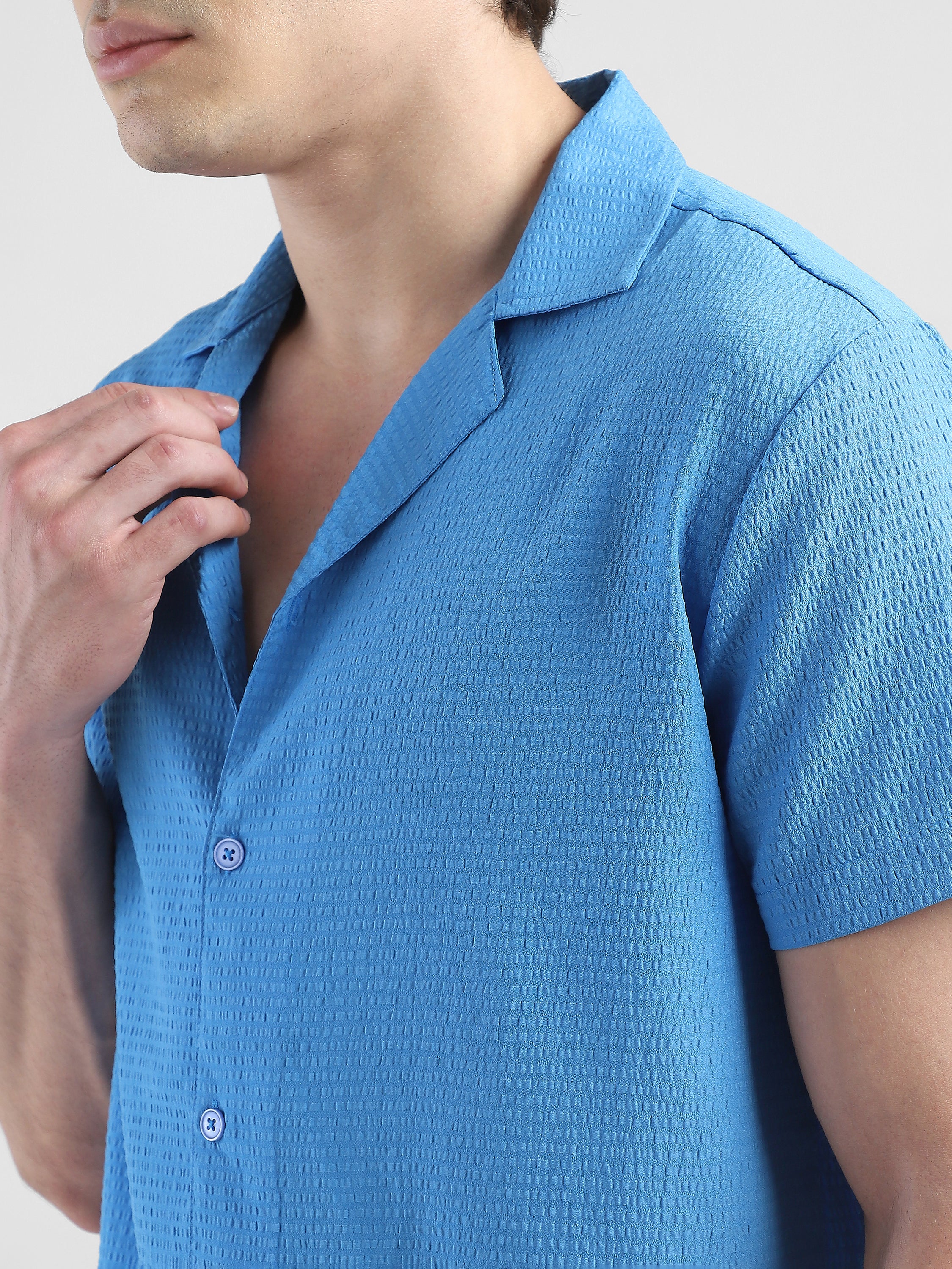 Men Textured Casual Blue Shirt - Image 6