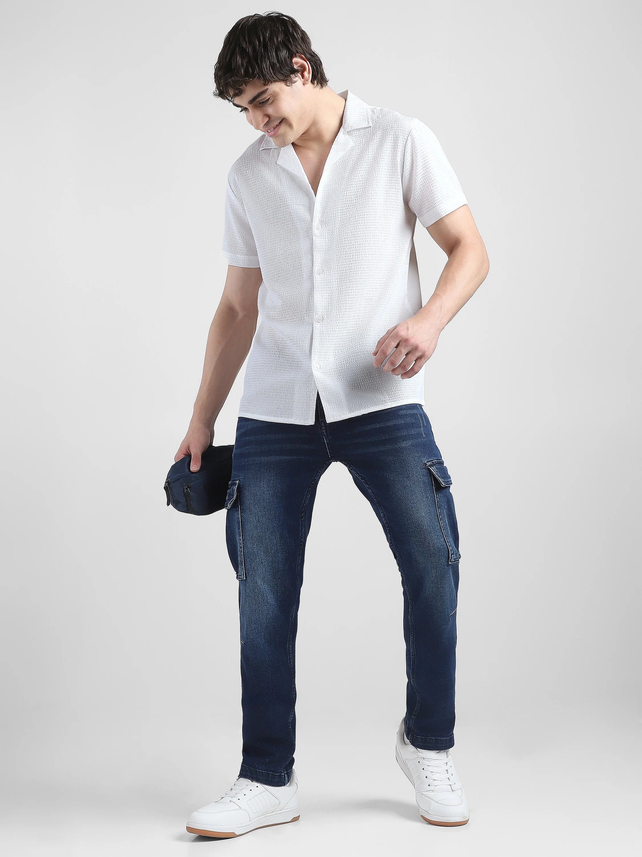 Men Textured Casual White Shirt - Image 2