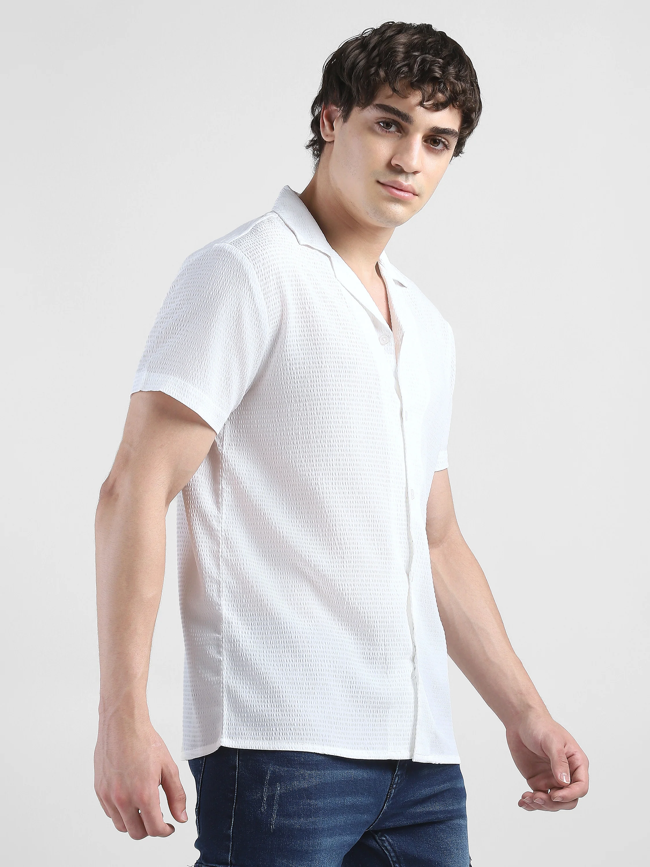 Men Textured Casual White Shirt - Image 3