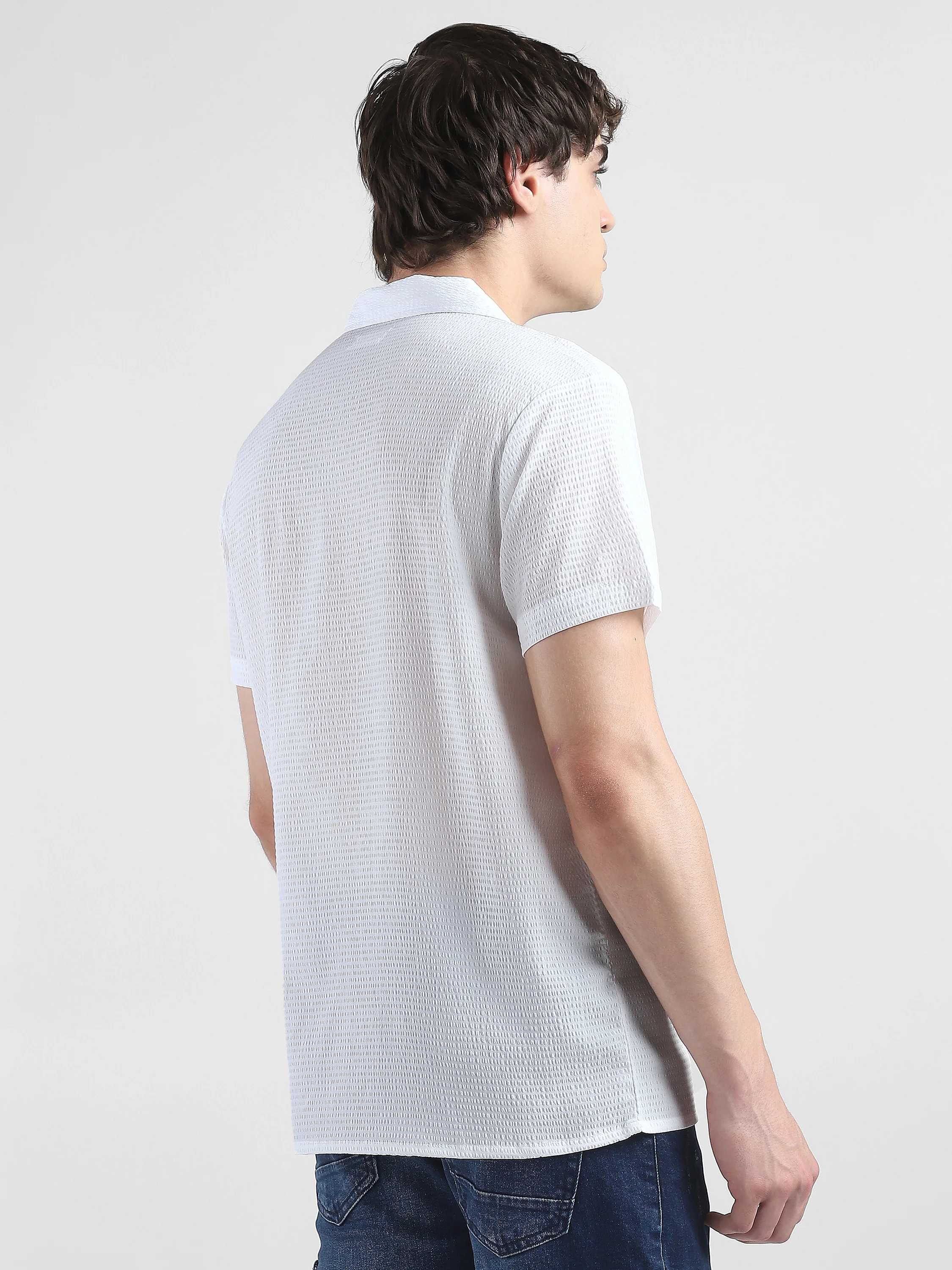 Men Textured Casual White Shirt - Image 4