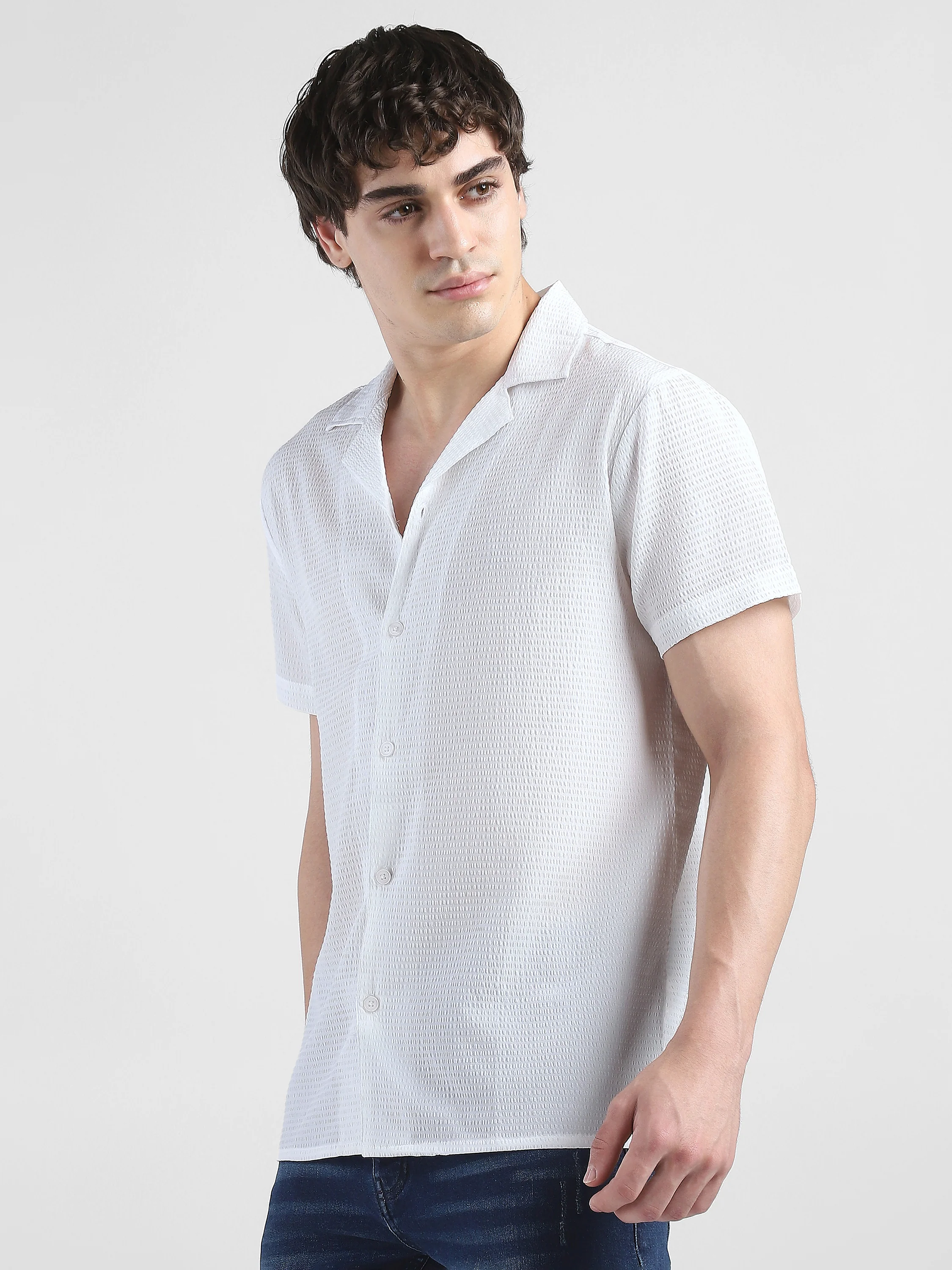 Men Textured Casual White Shirt - Image 5