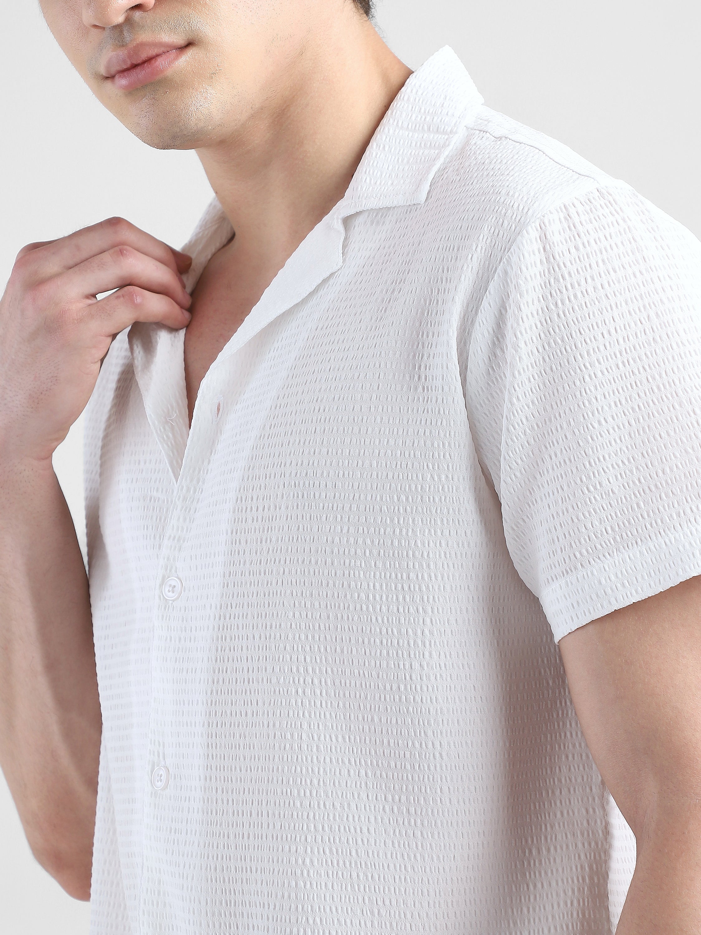 Men Textured Casual White Shirt - Image 6