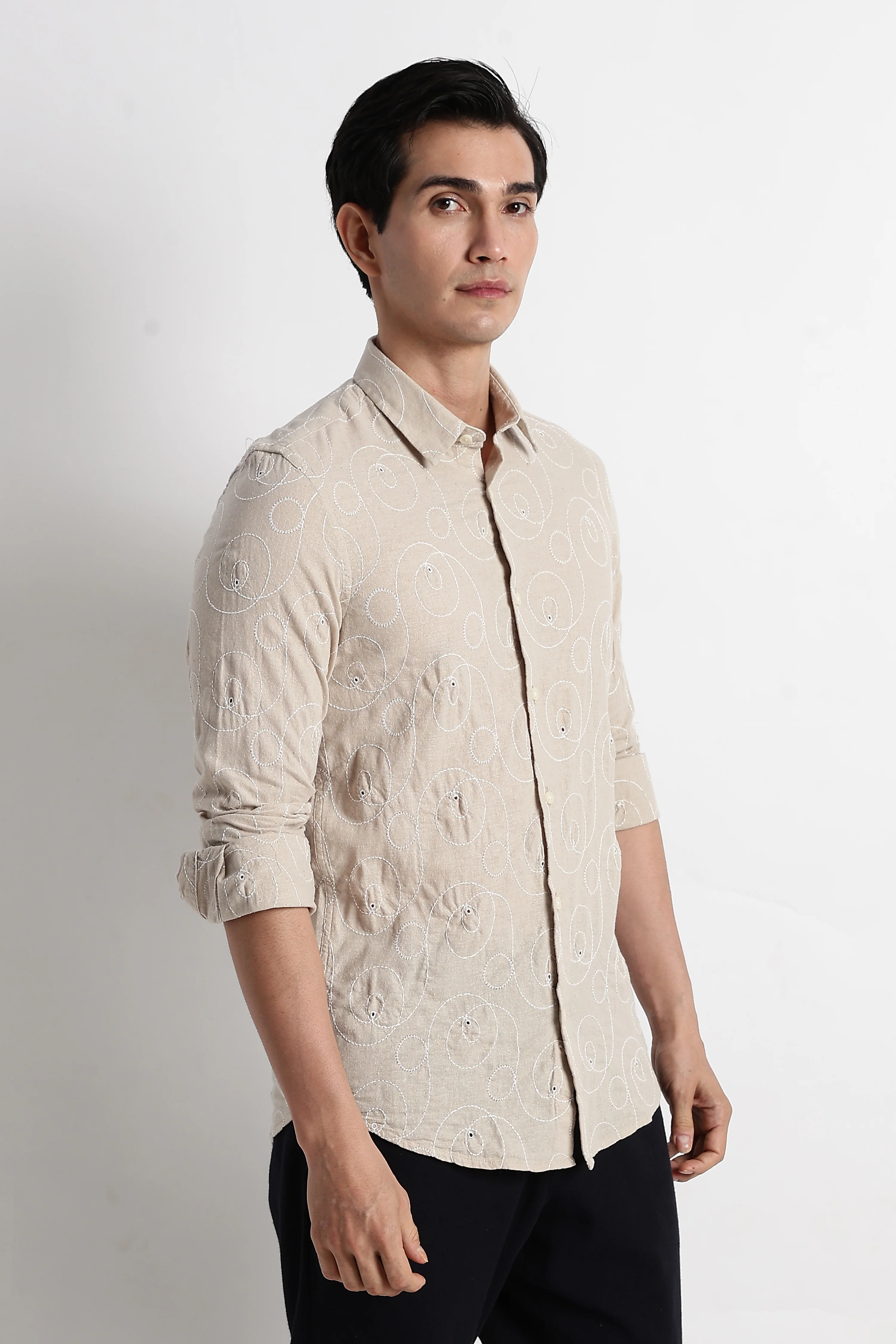 Men Textured Embroidered Cotton Shirt - Image 3