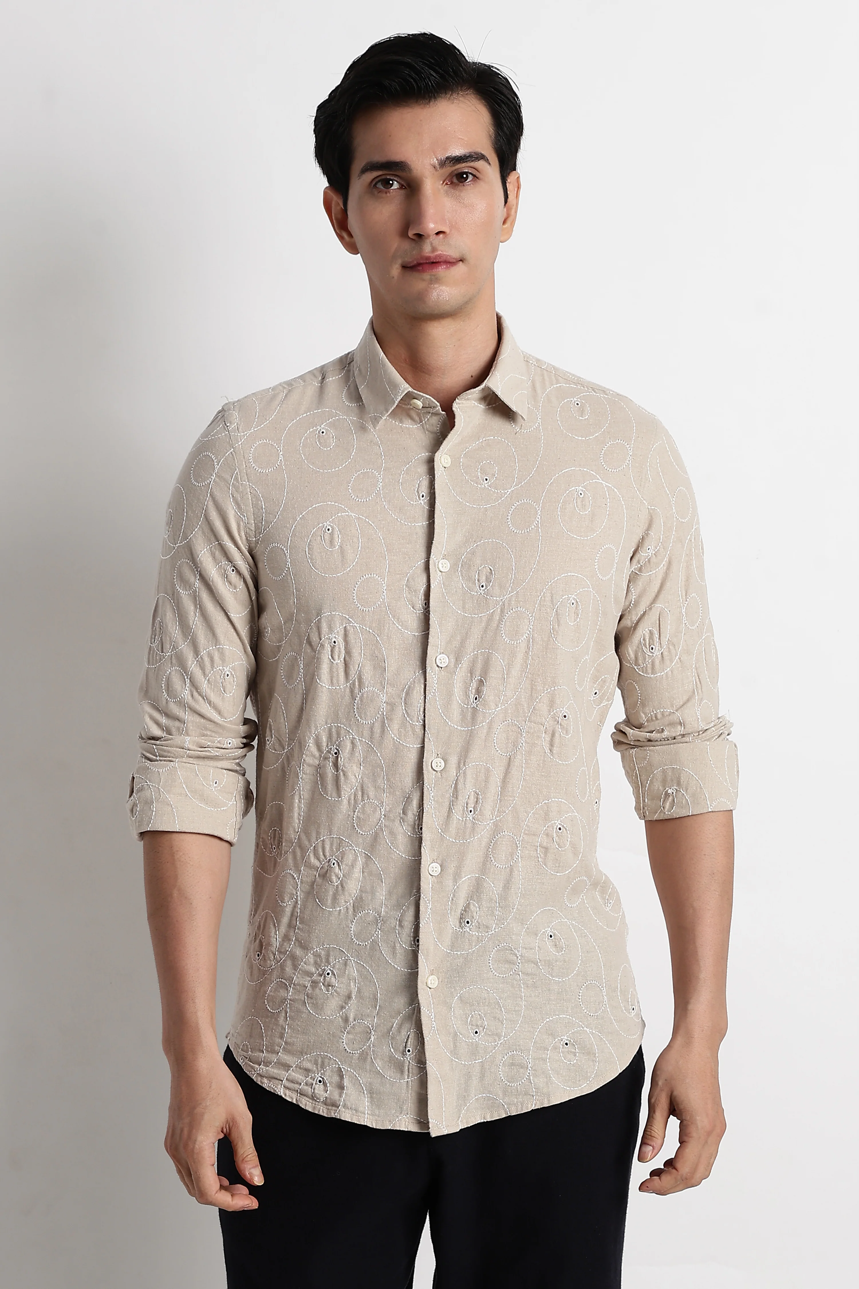 Men Textured Embroidered Cotton Shirt - Image 5