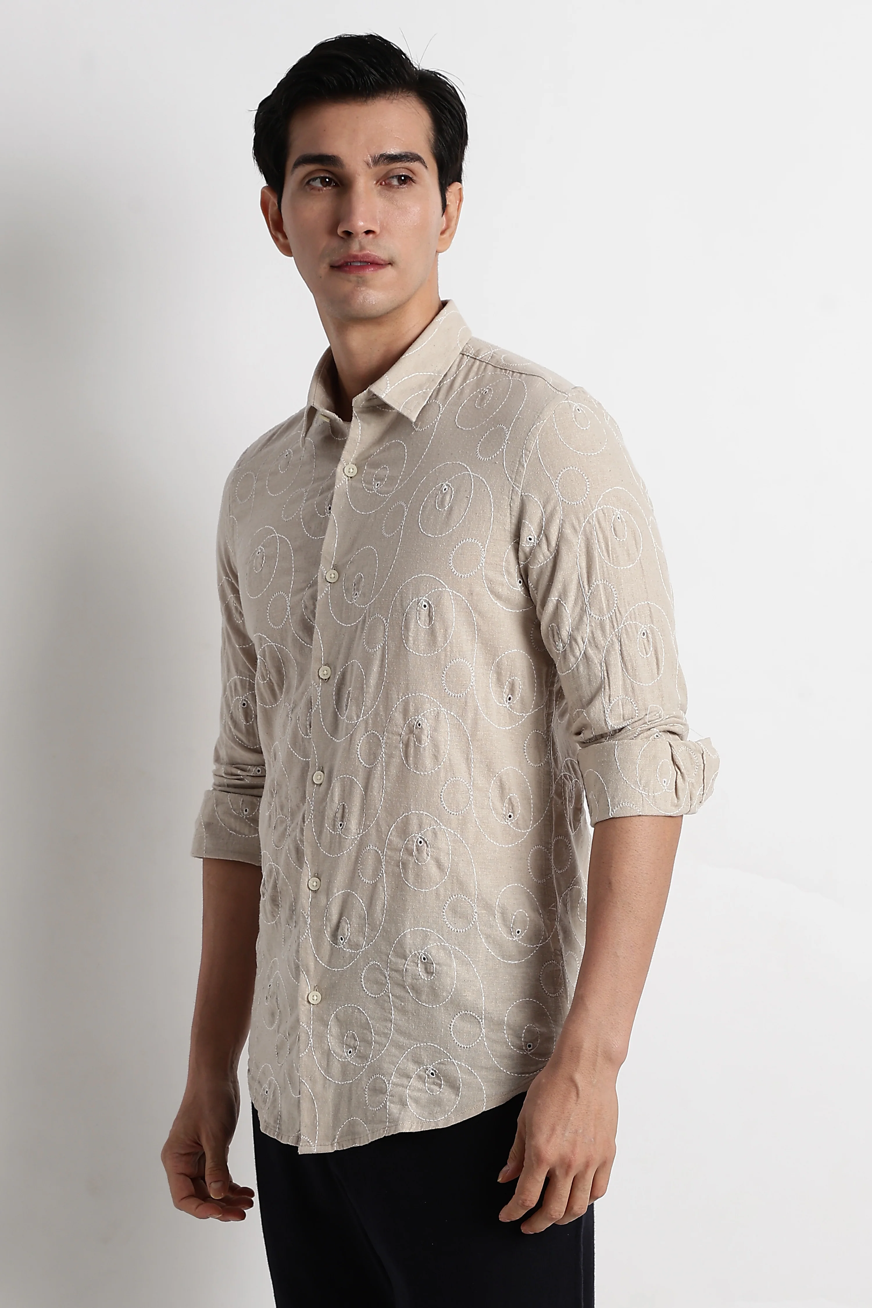 Men Textured Embroidered Cotton Shirt - Image 6