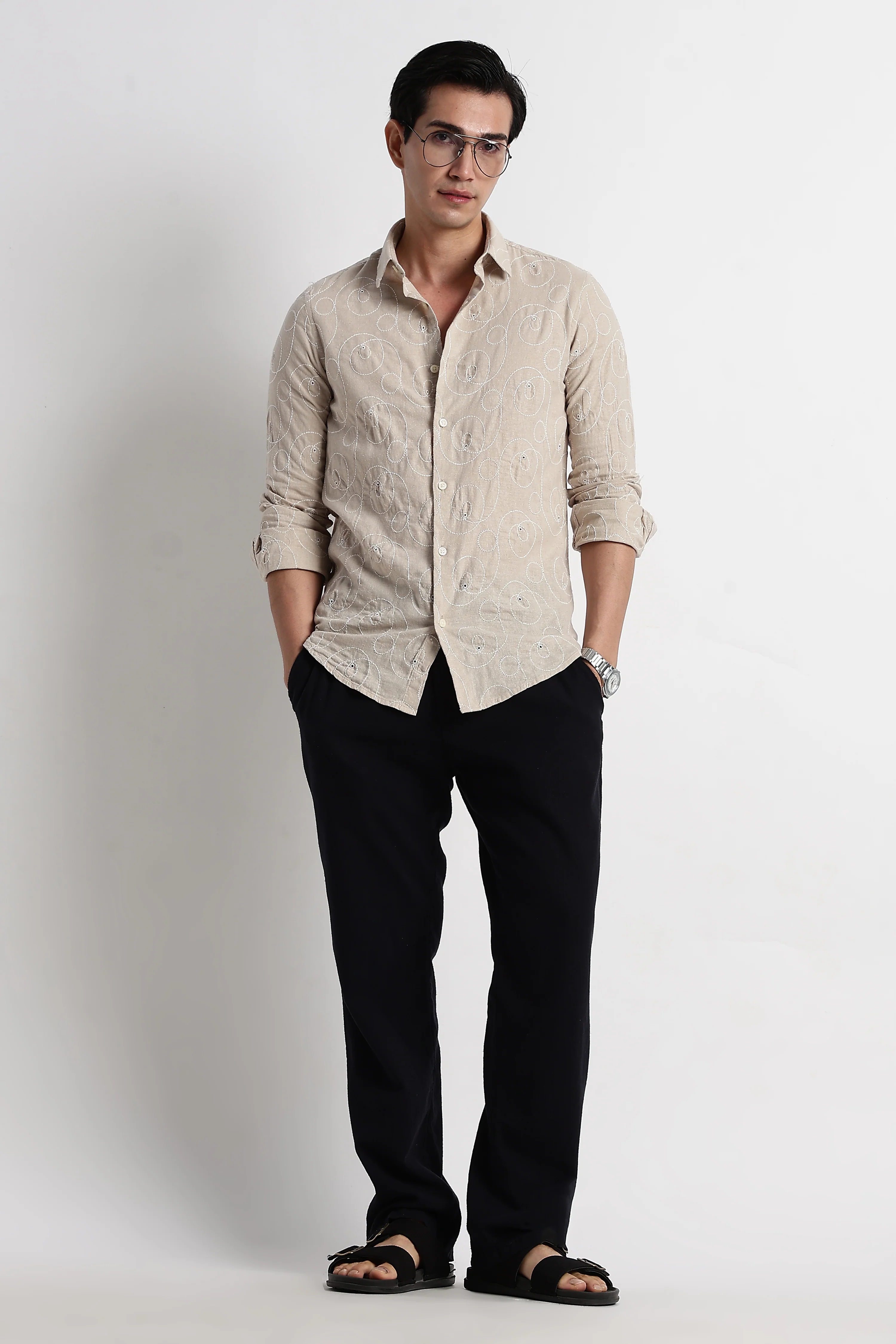 Men Textured Embroidered Cotton Shirt - Image 8