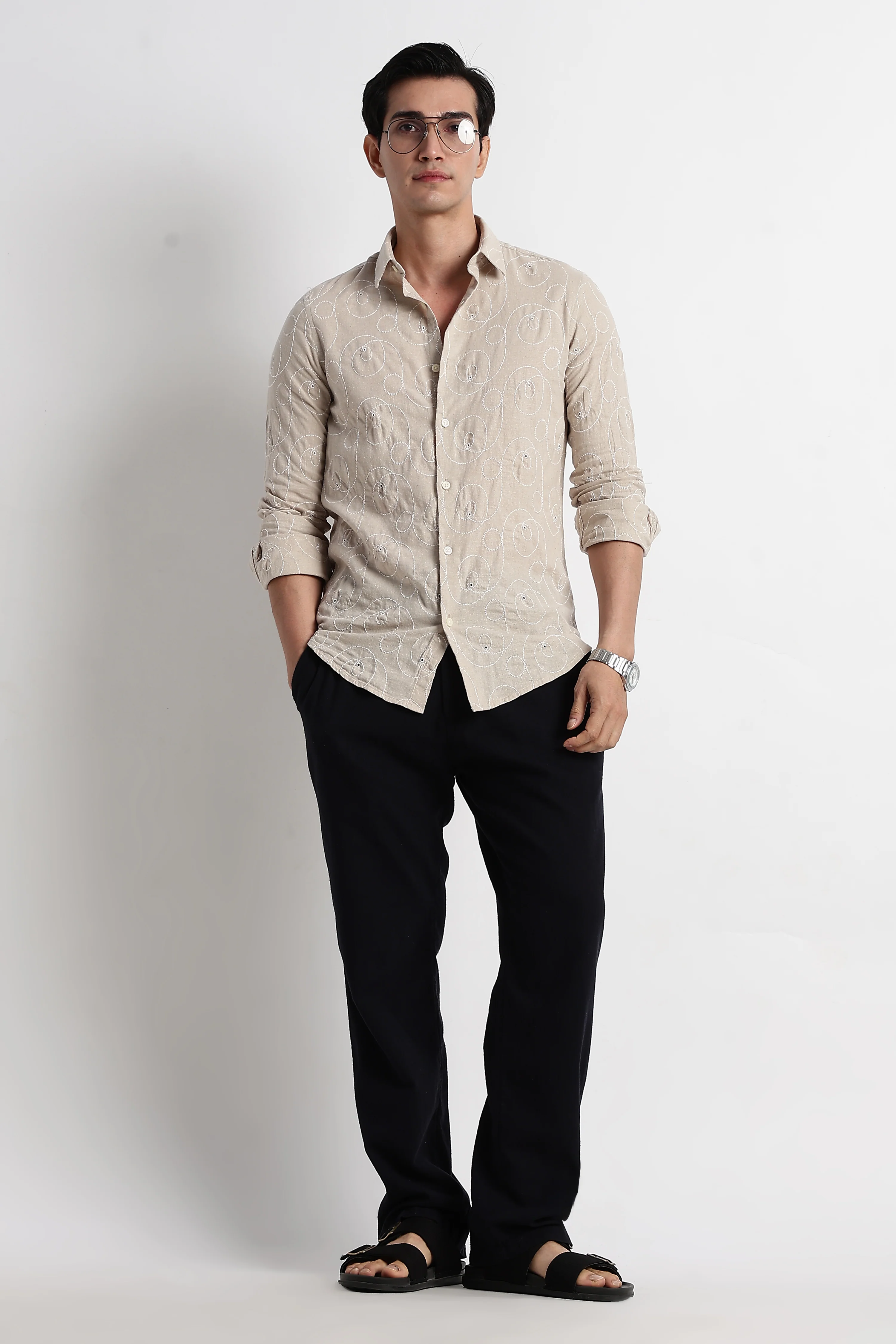 Men Textured Embroidered Cotton Shirt - Image 9