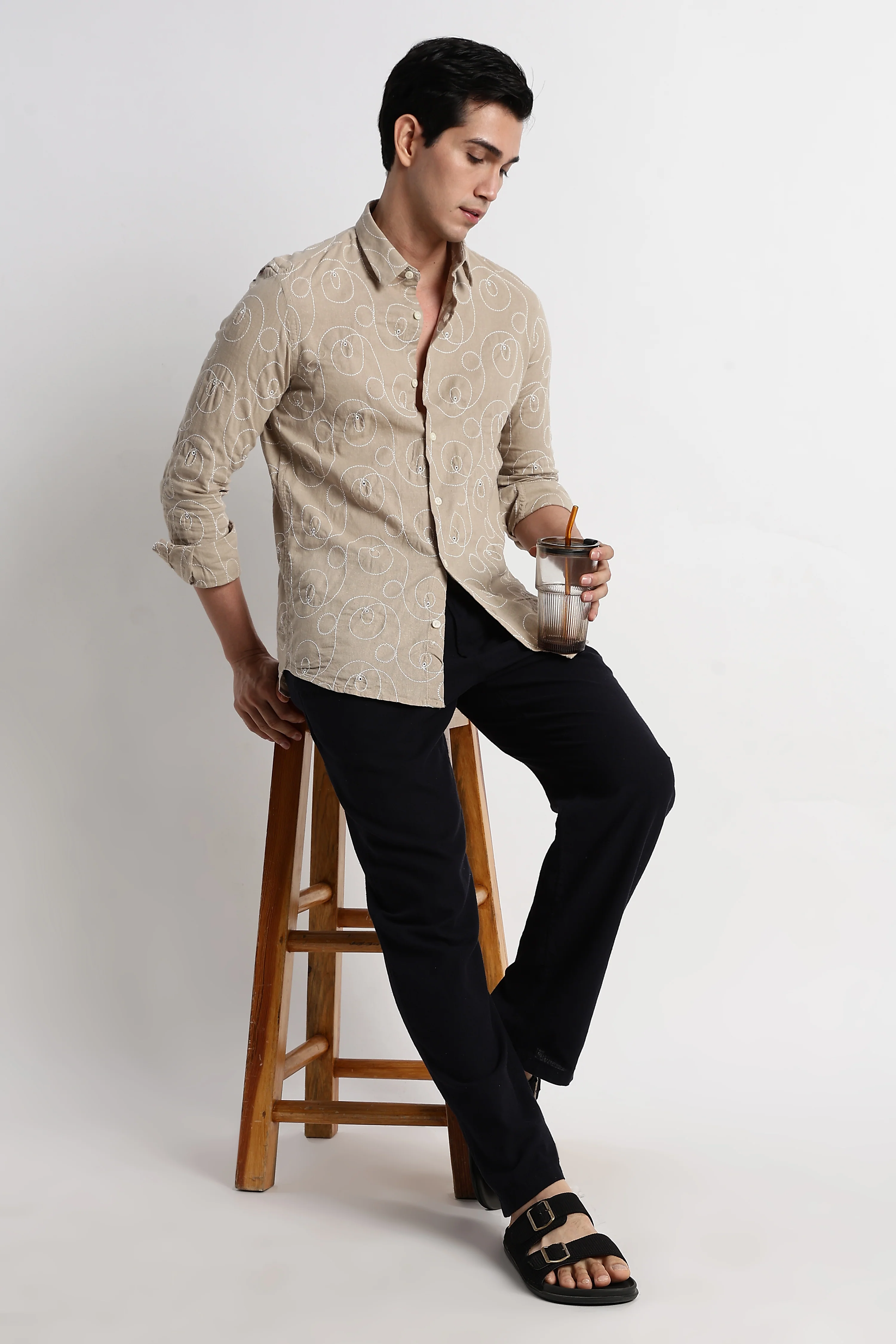 Men Textured Embroidered Cotton Shirt