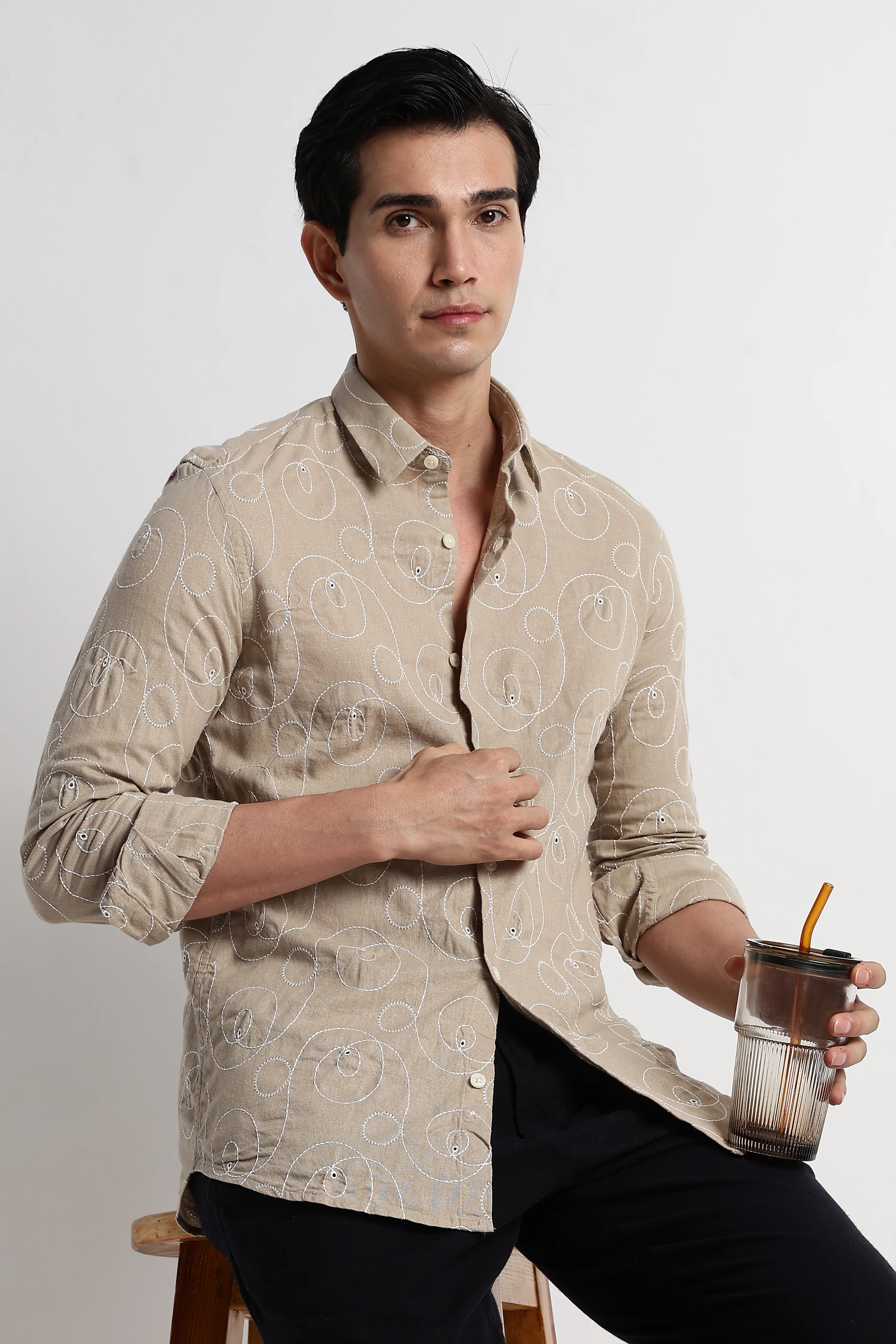 Men Textured Embroidered Cotton Shirt - Image 10