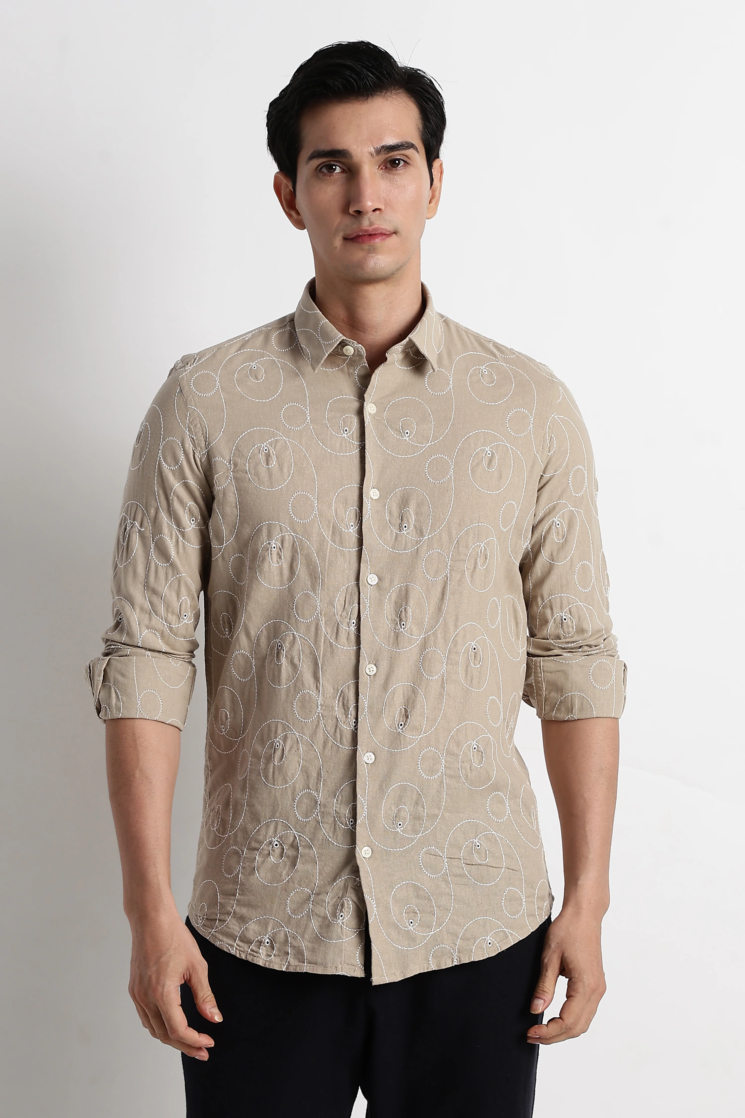 Men Textured Embroidered Cotton Shirt - Image 3