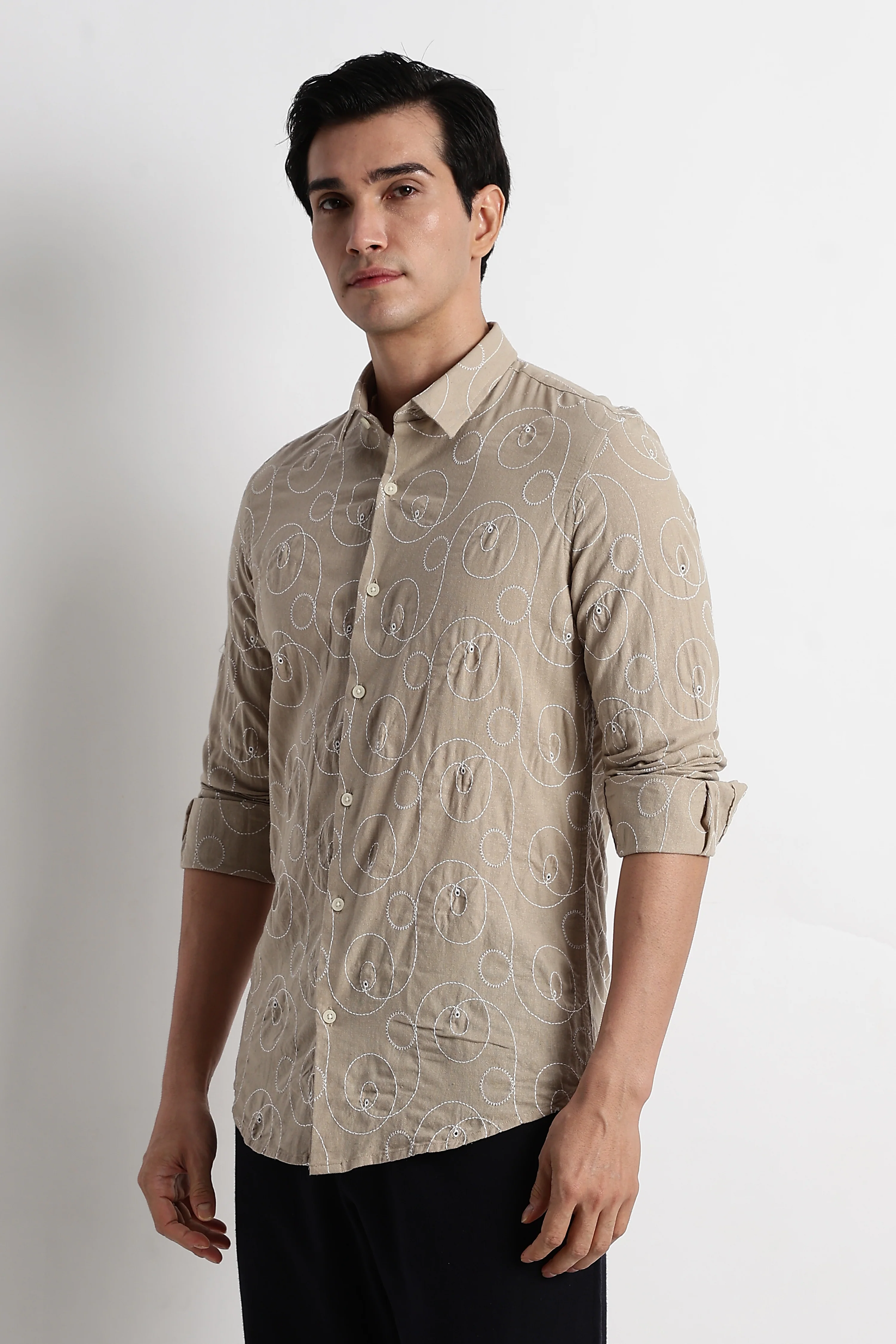 Men Textured Embroidered Cotton Shirt - Image 4