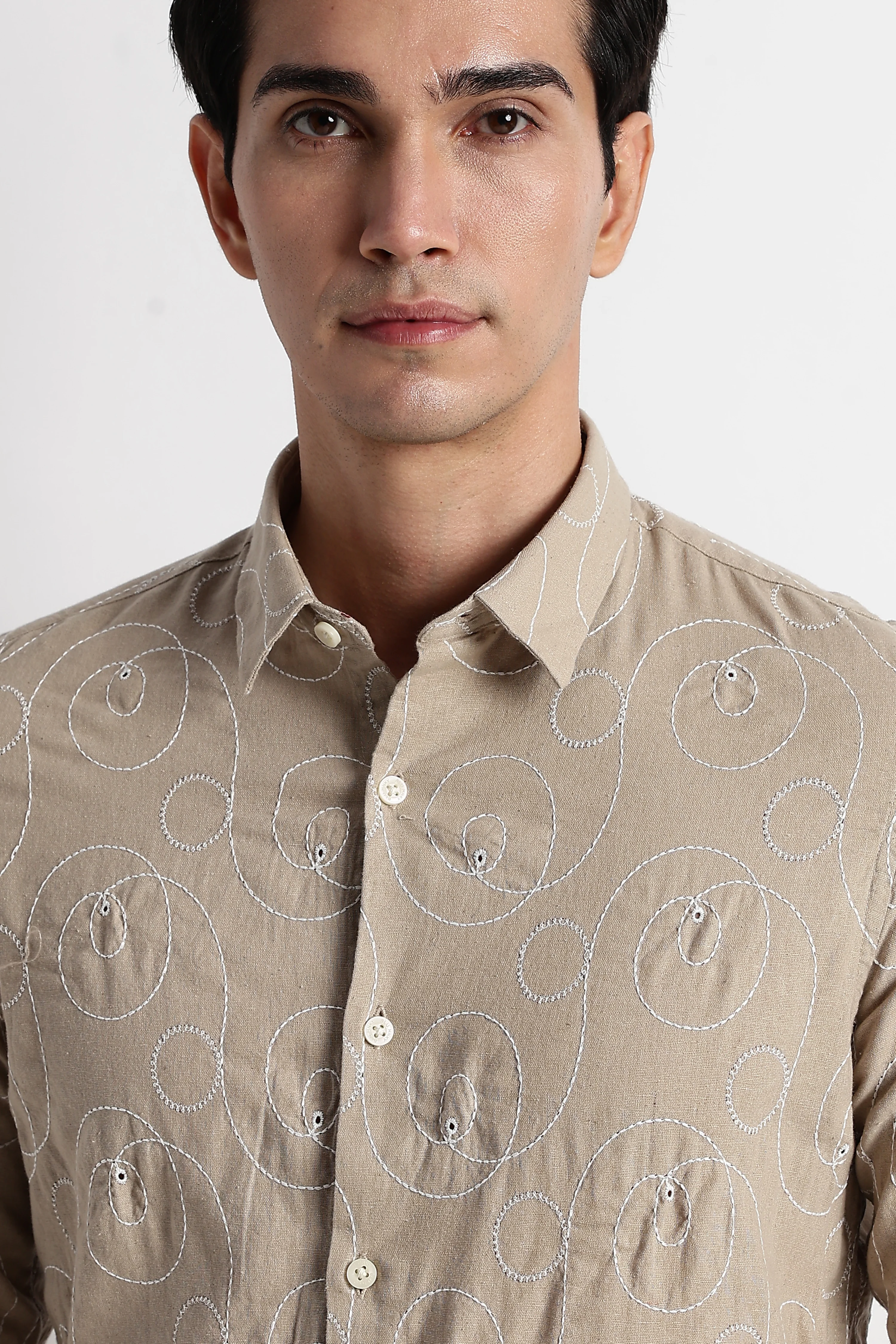 Men Textured Embroidered Cotton Shirt - Image 6