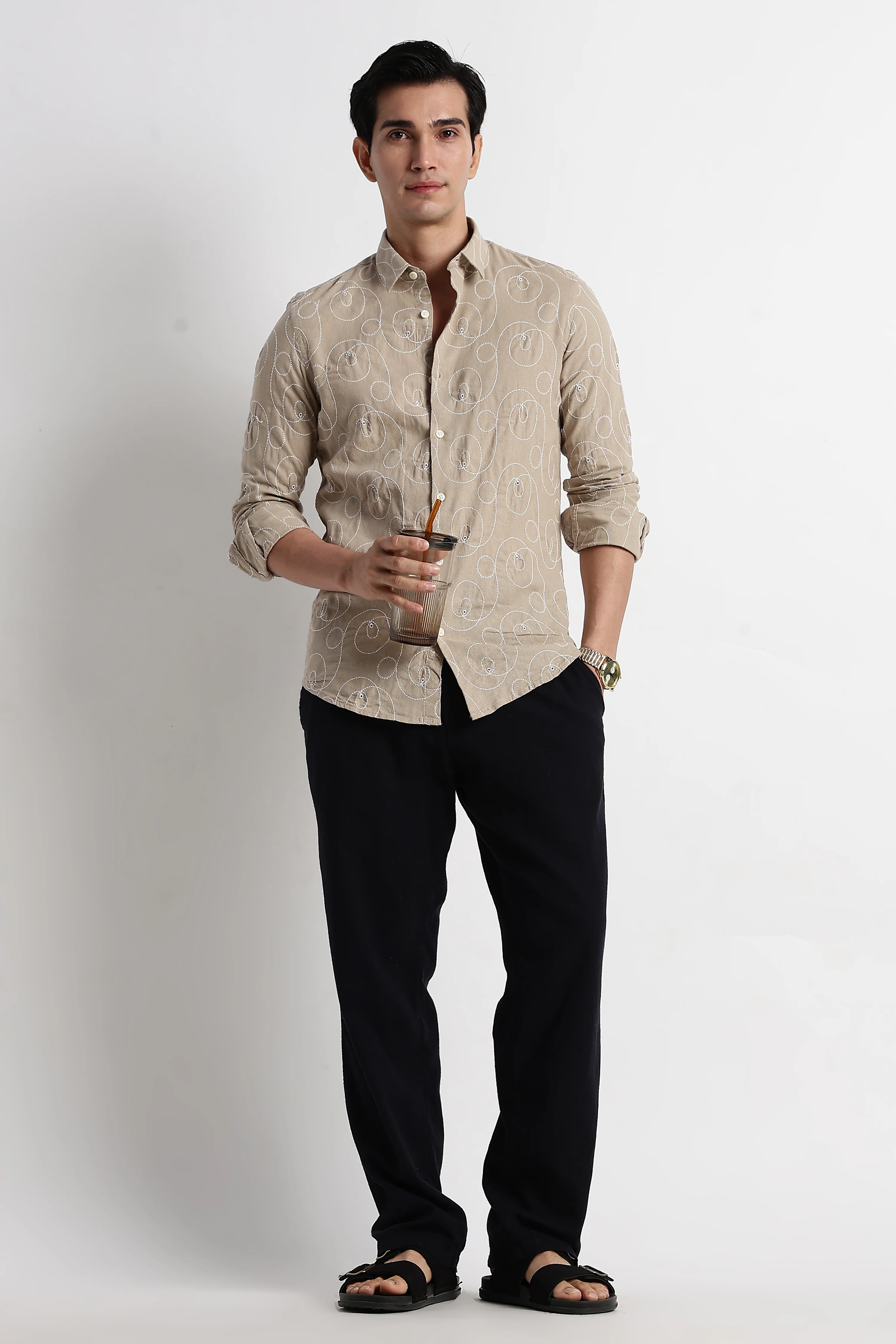 Men Textured Embroidered Cotton Shirt - Image 7