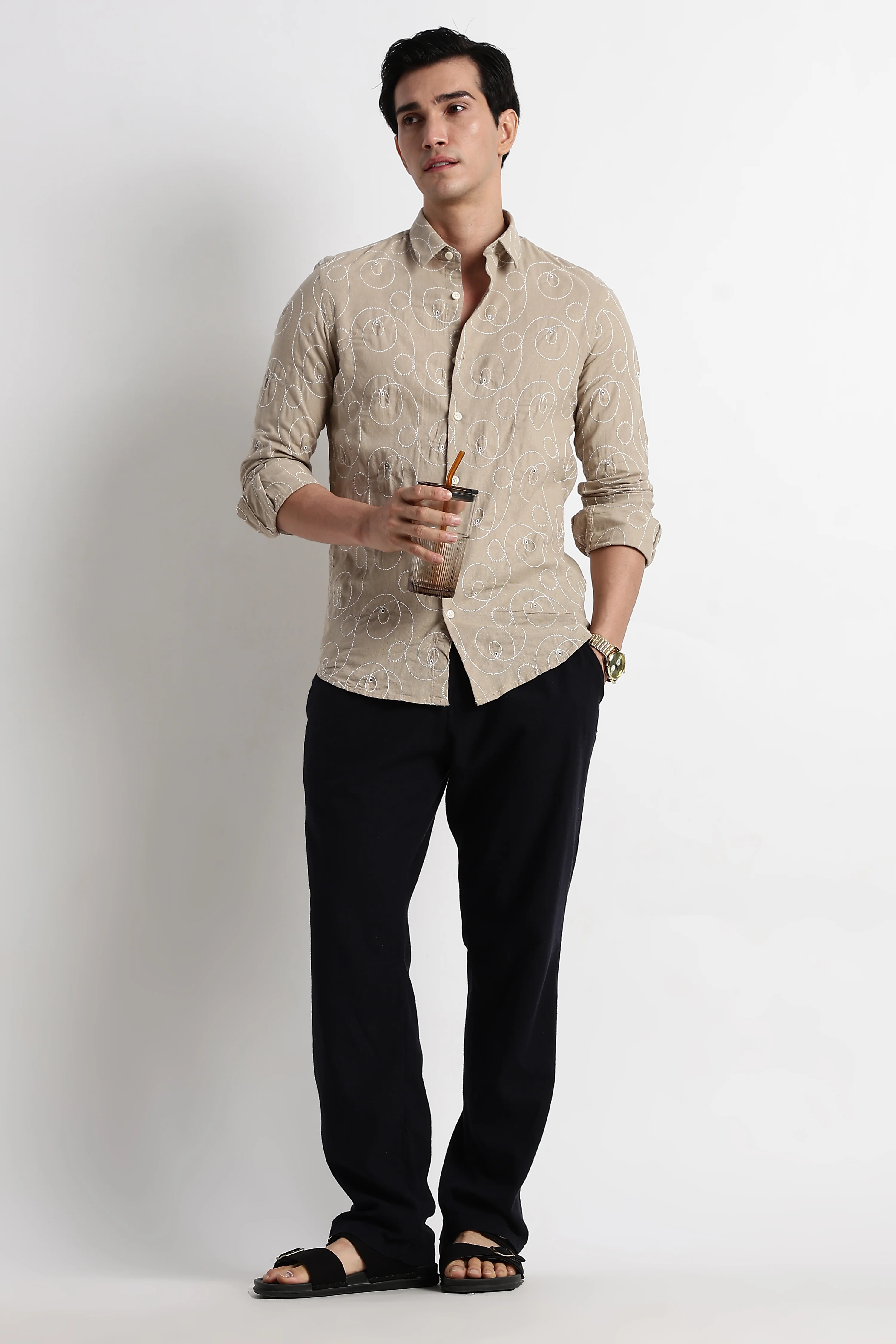 Men Textured Embroidered Cotton Shirt - Image 8