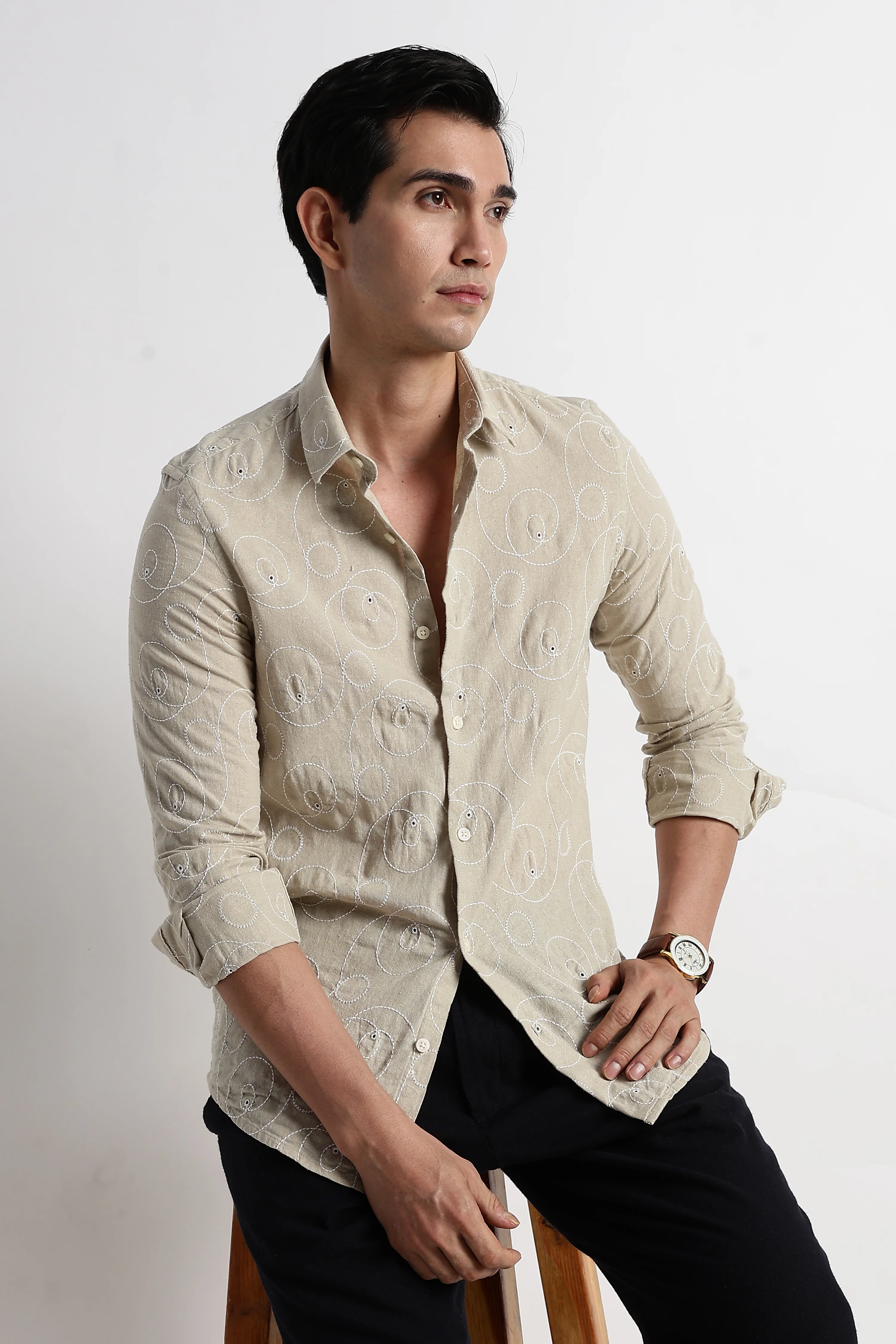 Men Textured Embroidered Cotton Shirt - Image 10