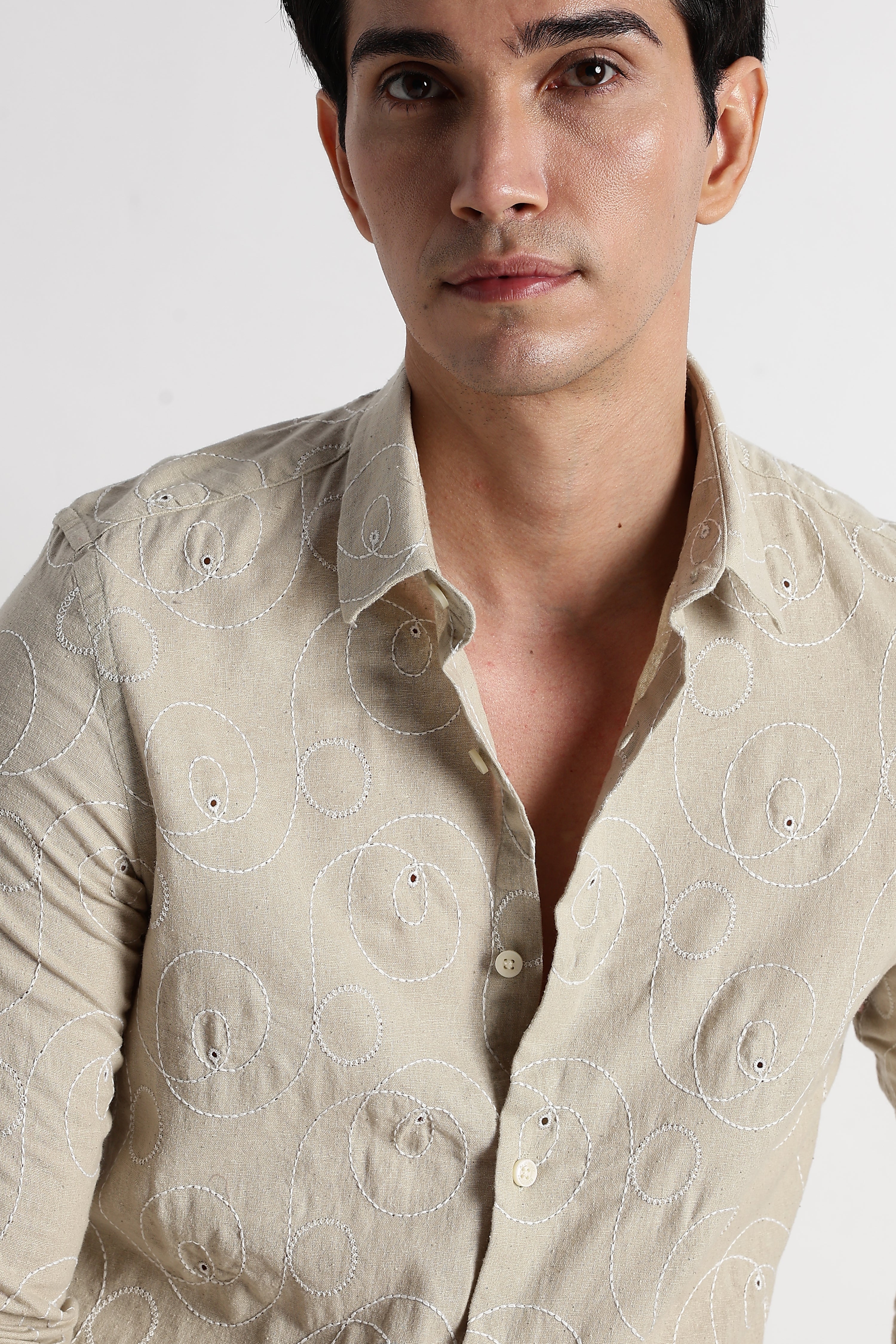 Men Textured Embroidered Cotton Shirt - Image 11