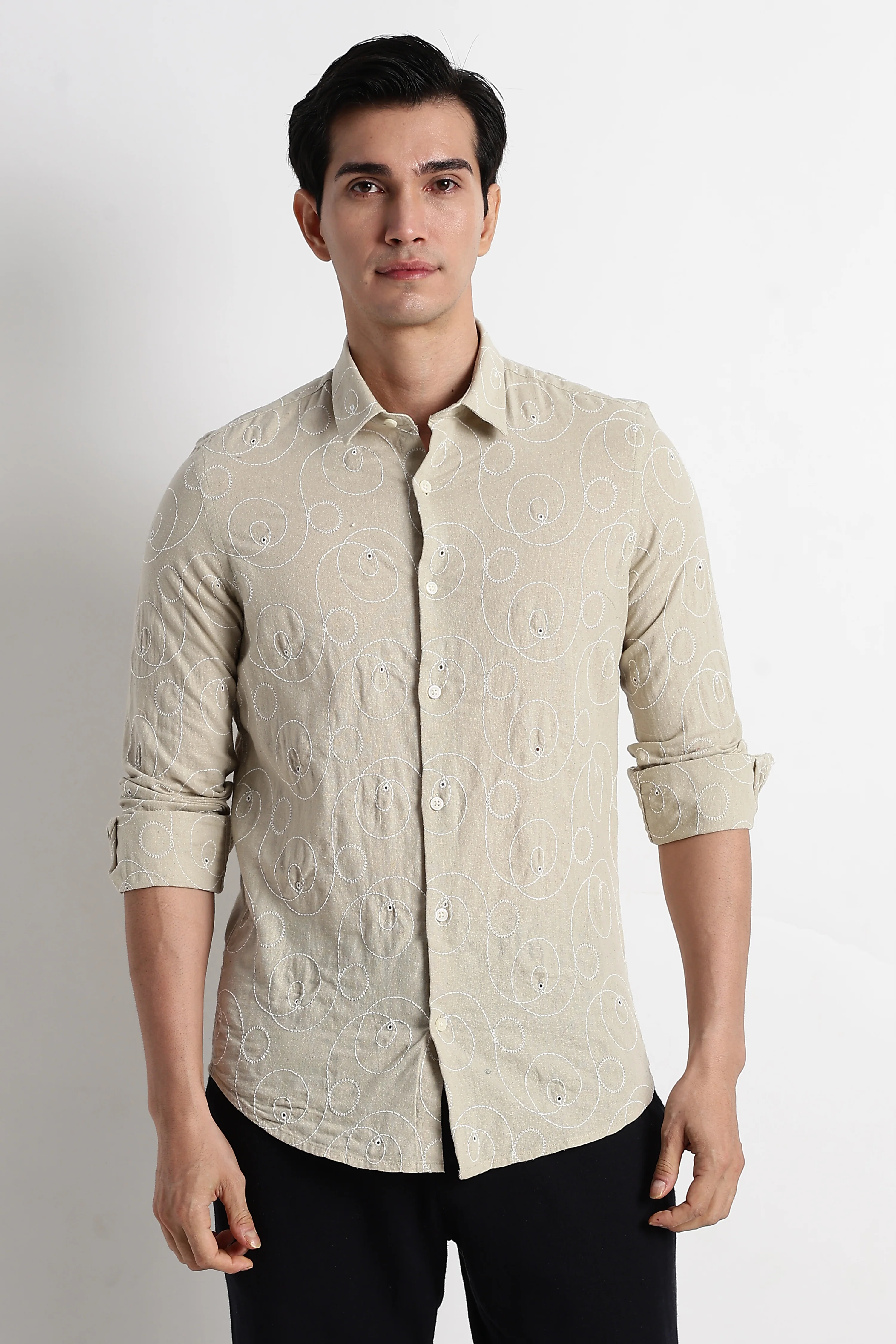 Men Textured Embroidered Cotton Shirt - Image 3