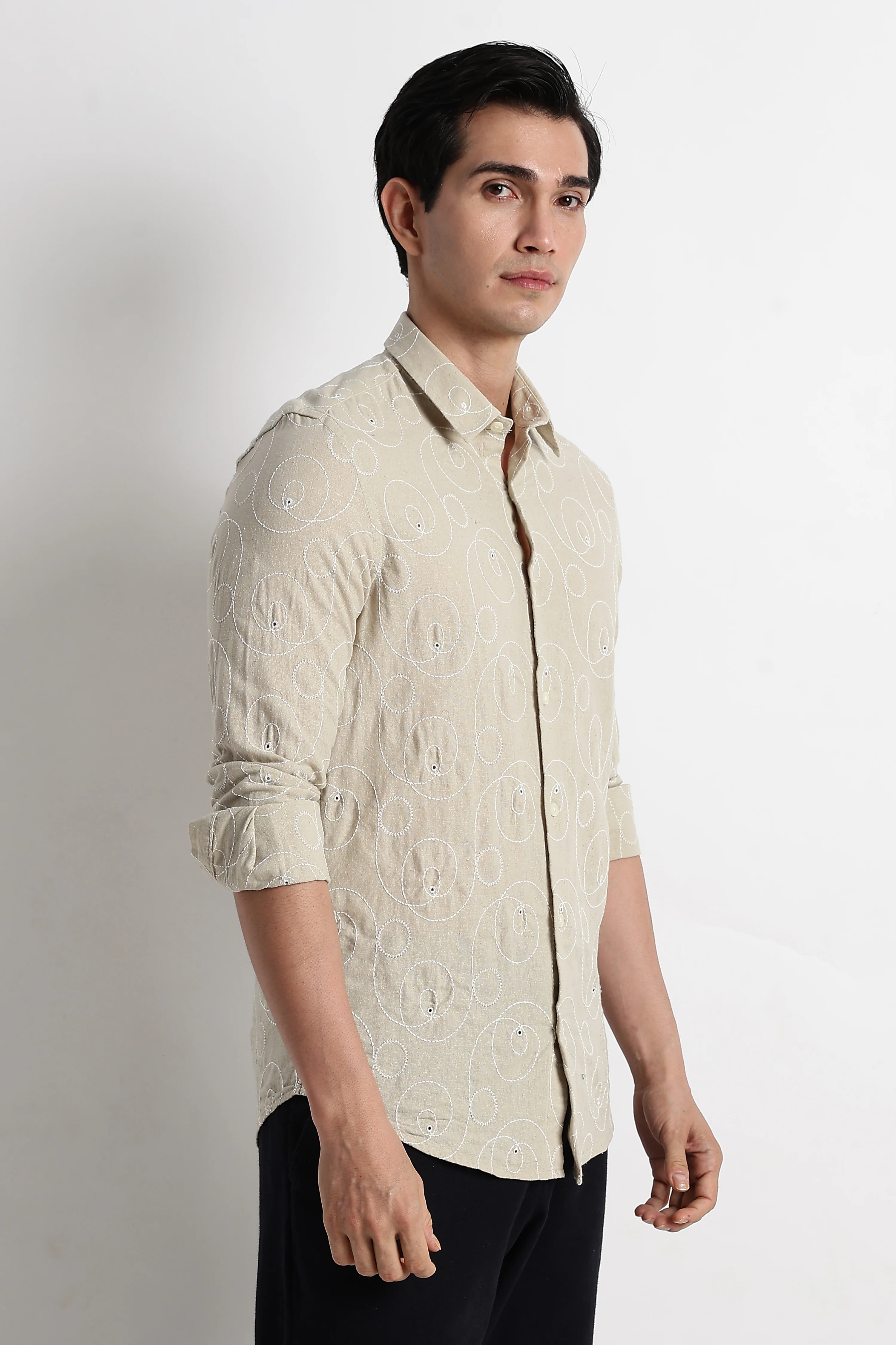 Men Textured Embroidered Cotton Shirt - Image 5