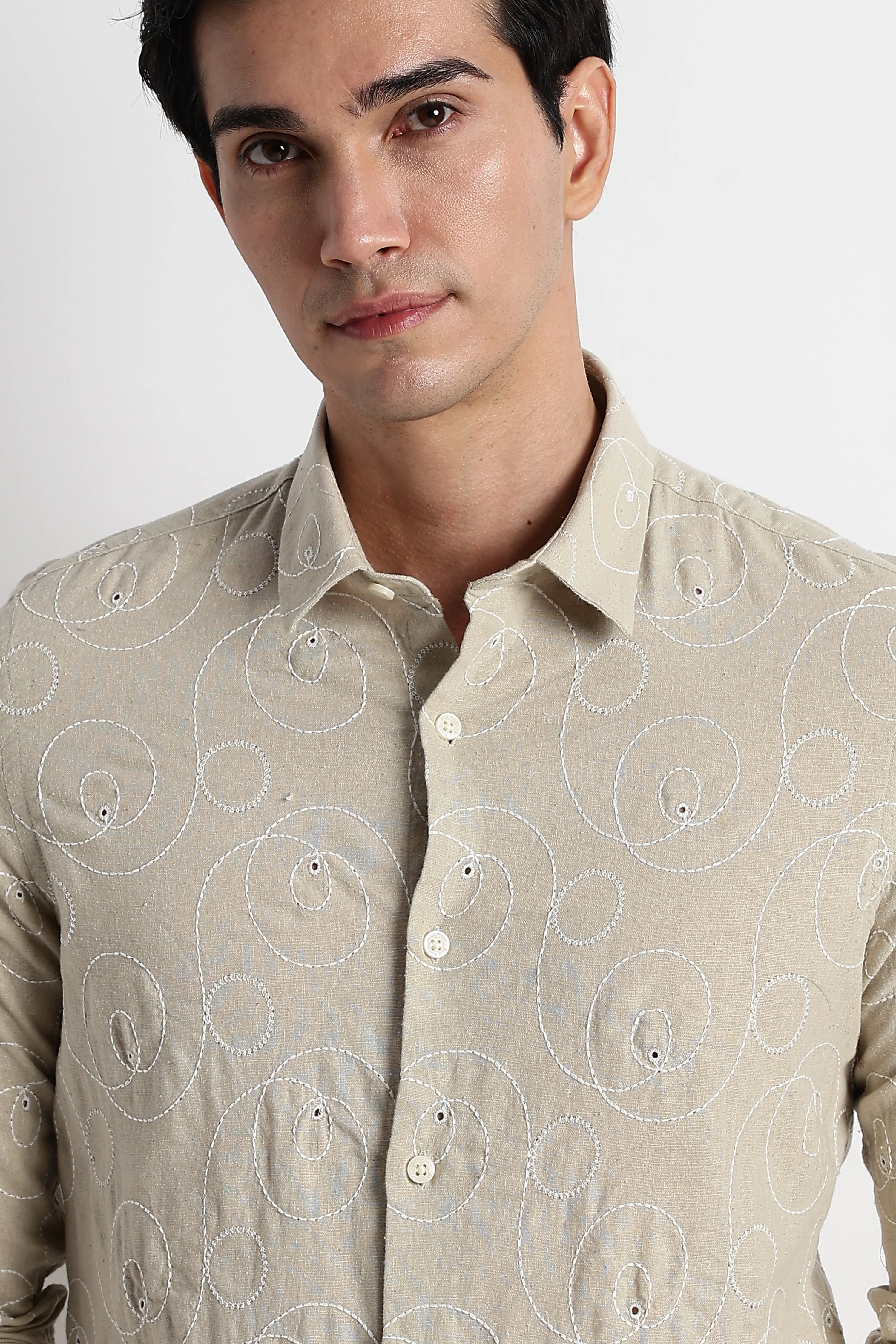 Men Textured Embroidered Cotton Shirt - Image 6